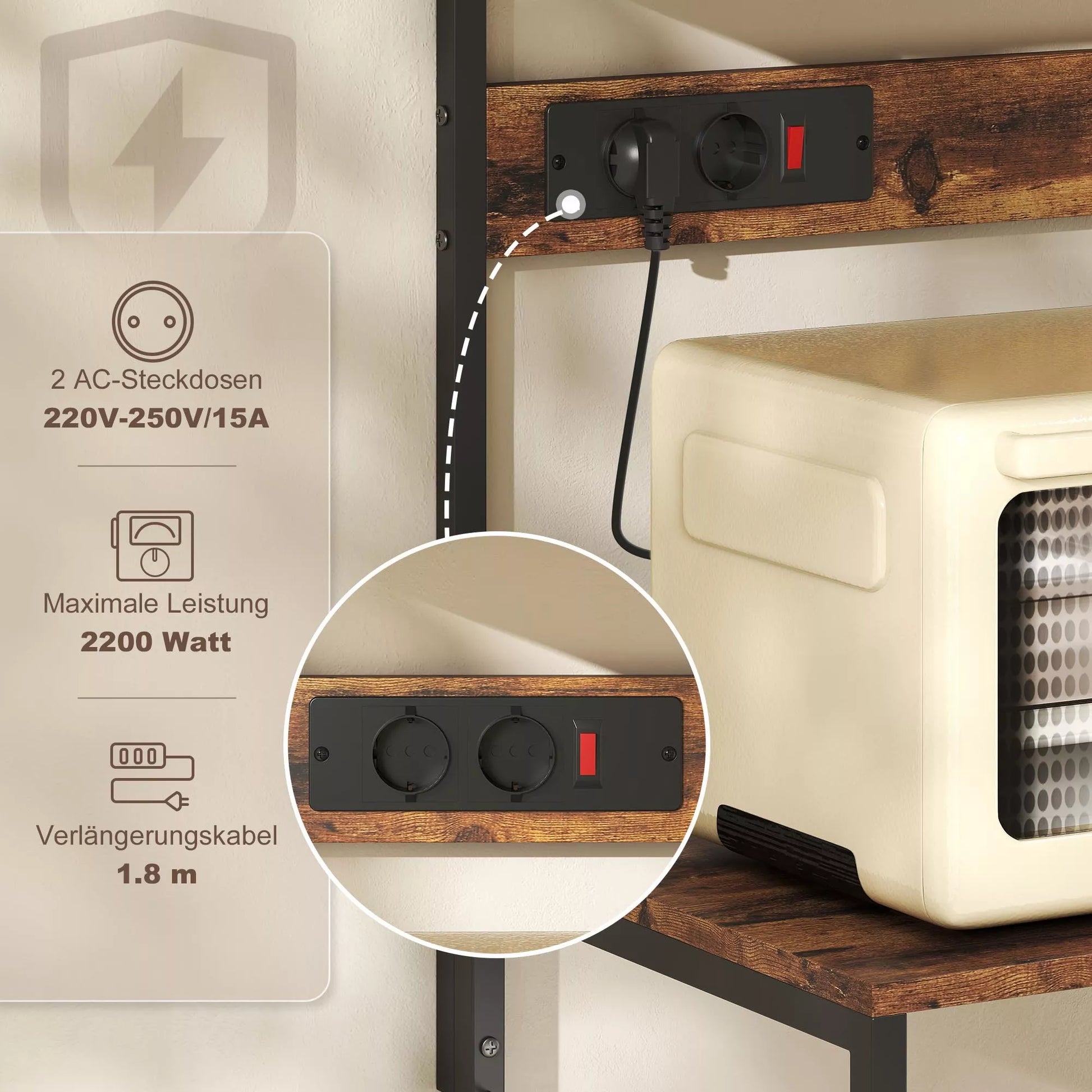 Virtuvės lentynos, stovas su 5 S formos kabliais, 5 lentynomis, rozete, pagamintas iš plieno, rusvos spalvos, 60 x 42 x 153 cm