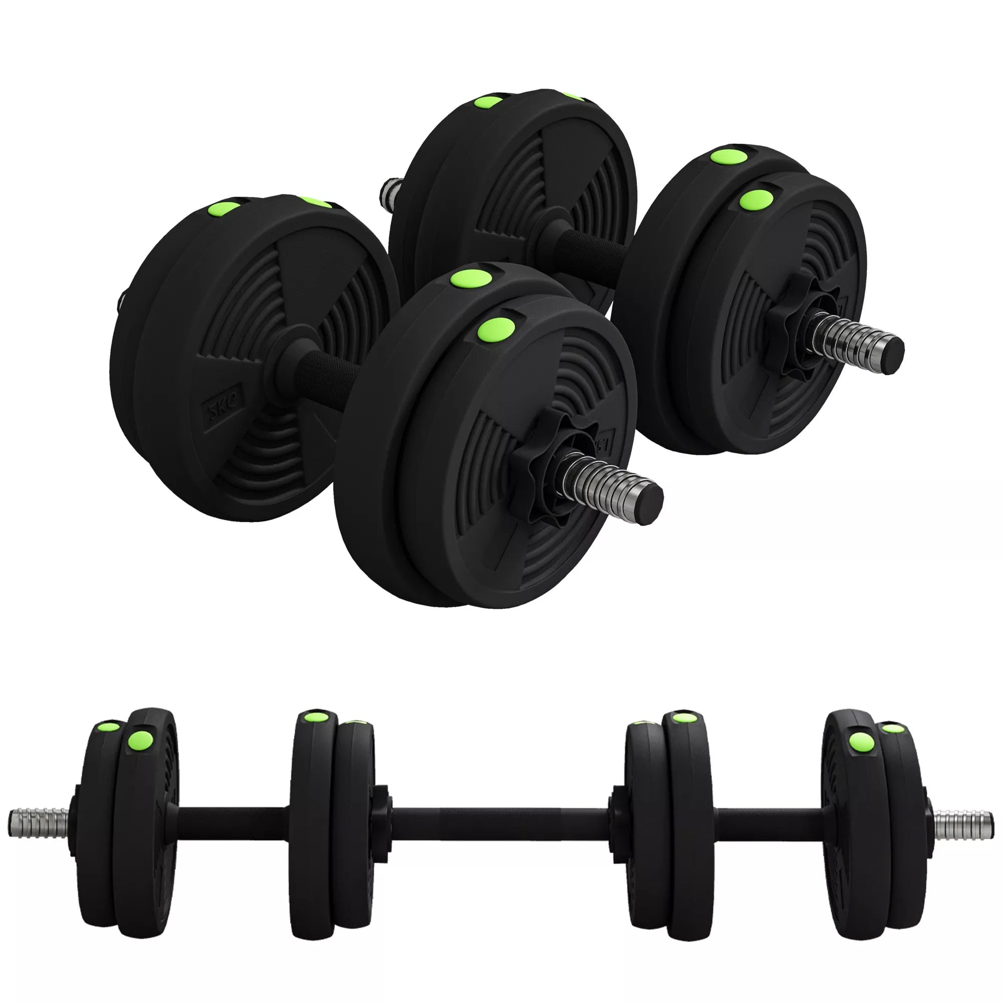 2-in-1 svarmen rinkinys, ilgas ir trumpas svarmuo, 15 kg, neslystantis, tausojantis grindis, juoda/žalia