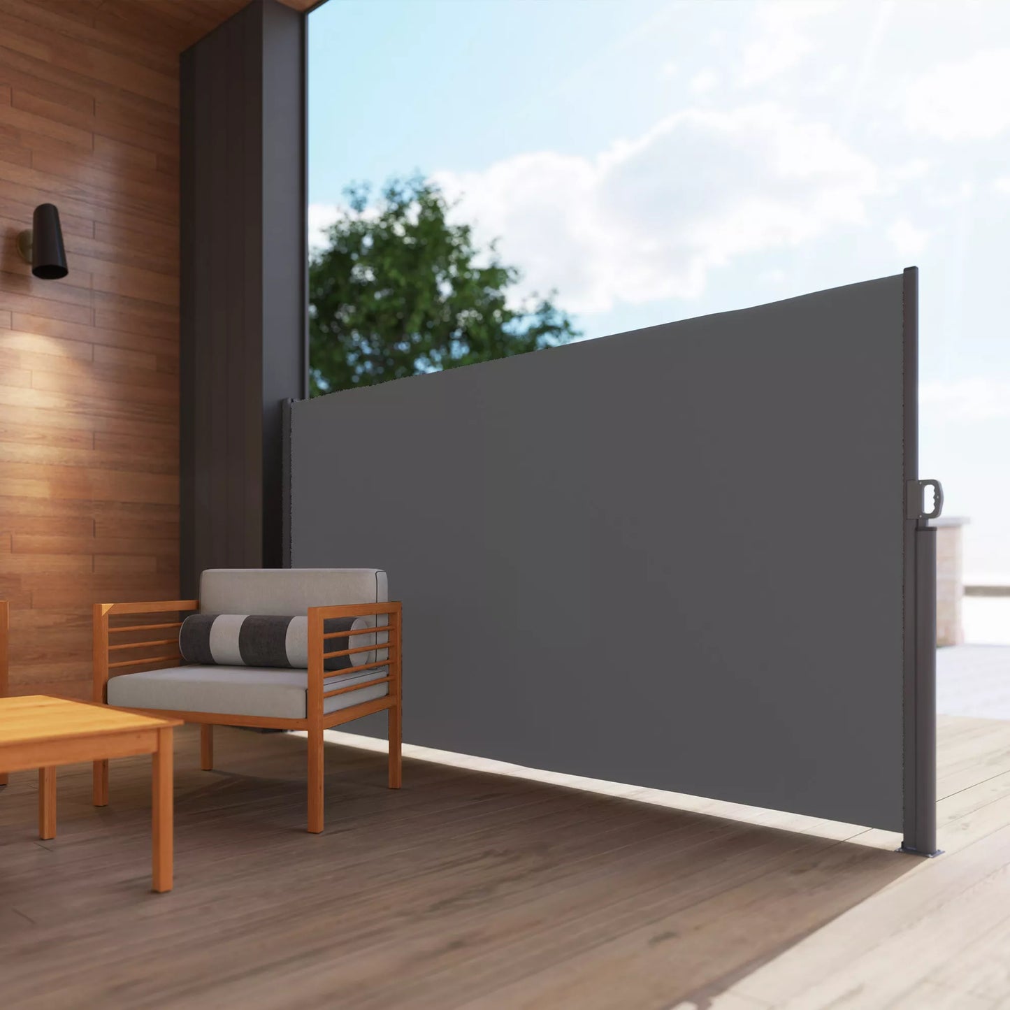 Ištraukiama šoninė markizė, nepermatoma, skirta privatumui su sieniniu laikikliu, padengta, 300x180cm, tamsiai pilka