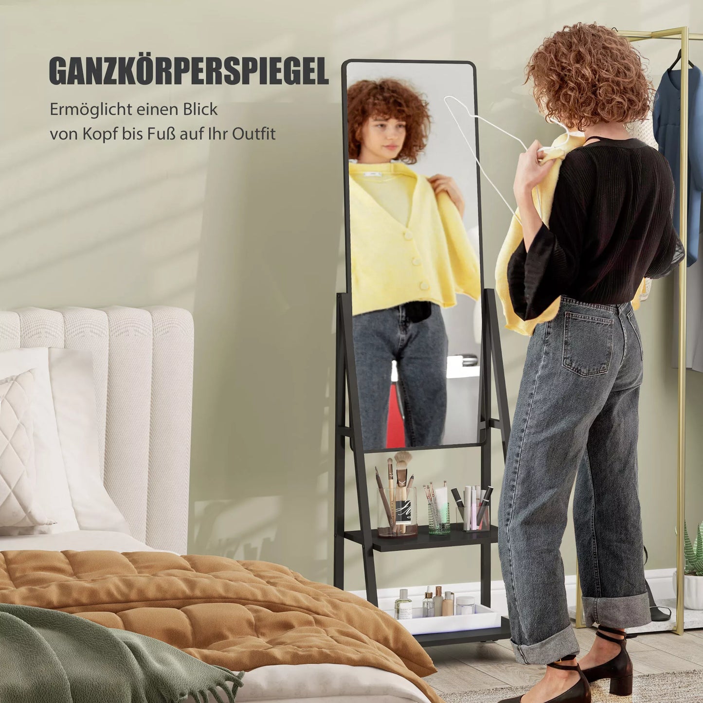 Ratinis viso kūno veidrodis su 2 lentynomis ir 4 ratais, miegamajam, svetainei, koridoriui, juodas
