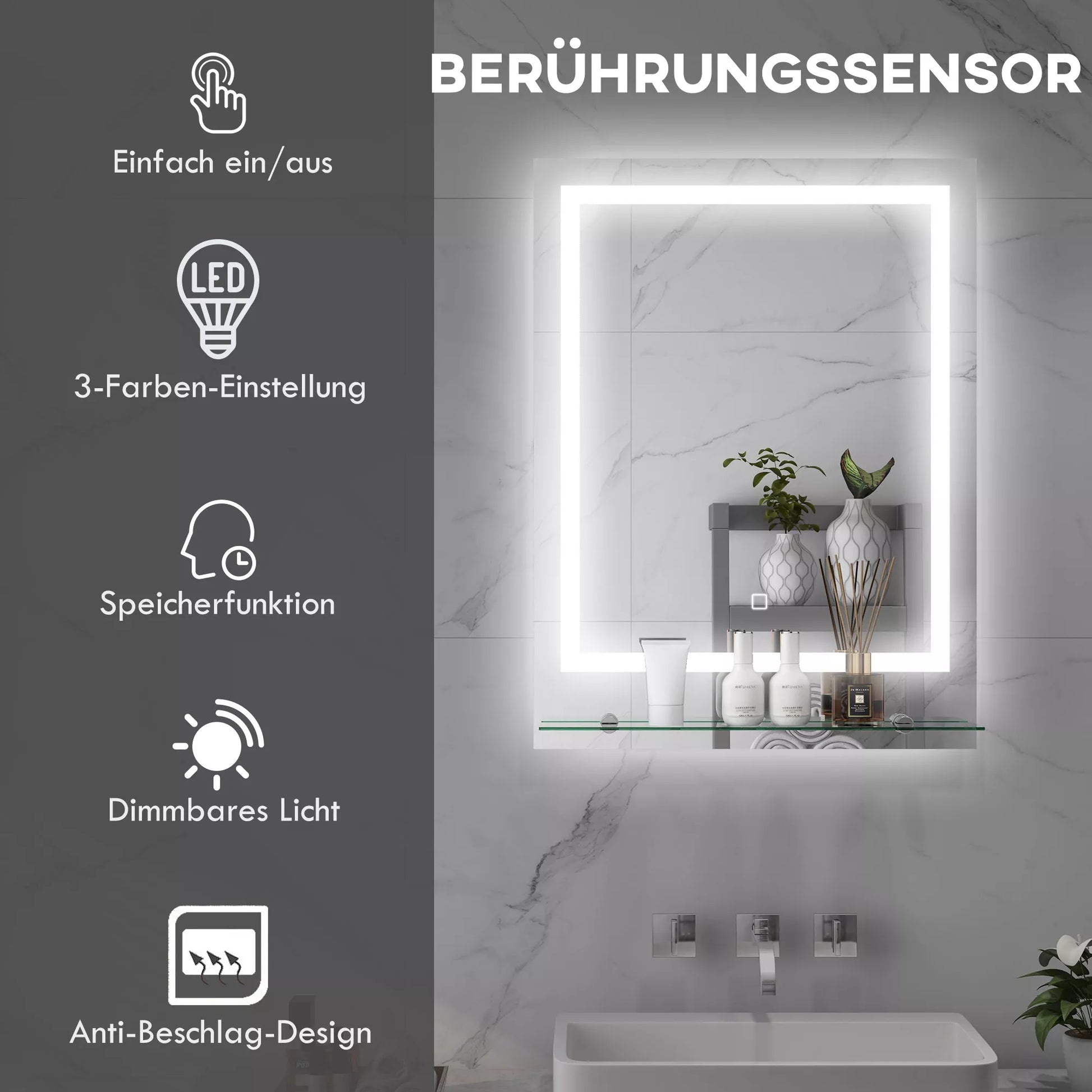 Vonios veidrodis su LED apšvietimu, 3 šviesos spalvos, apsauga nuo rasos, laidinis, 70 x 50 cm