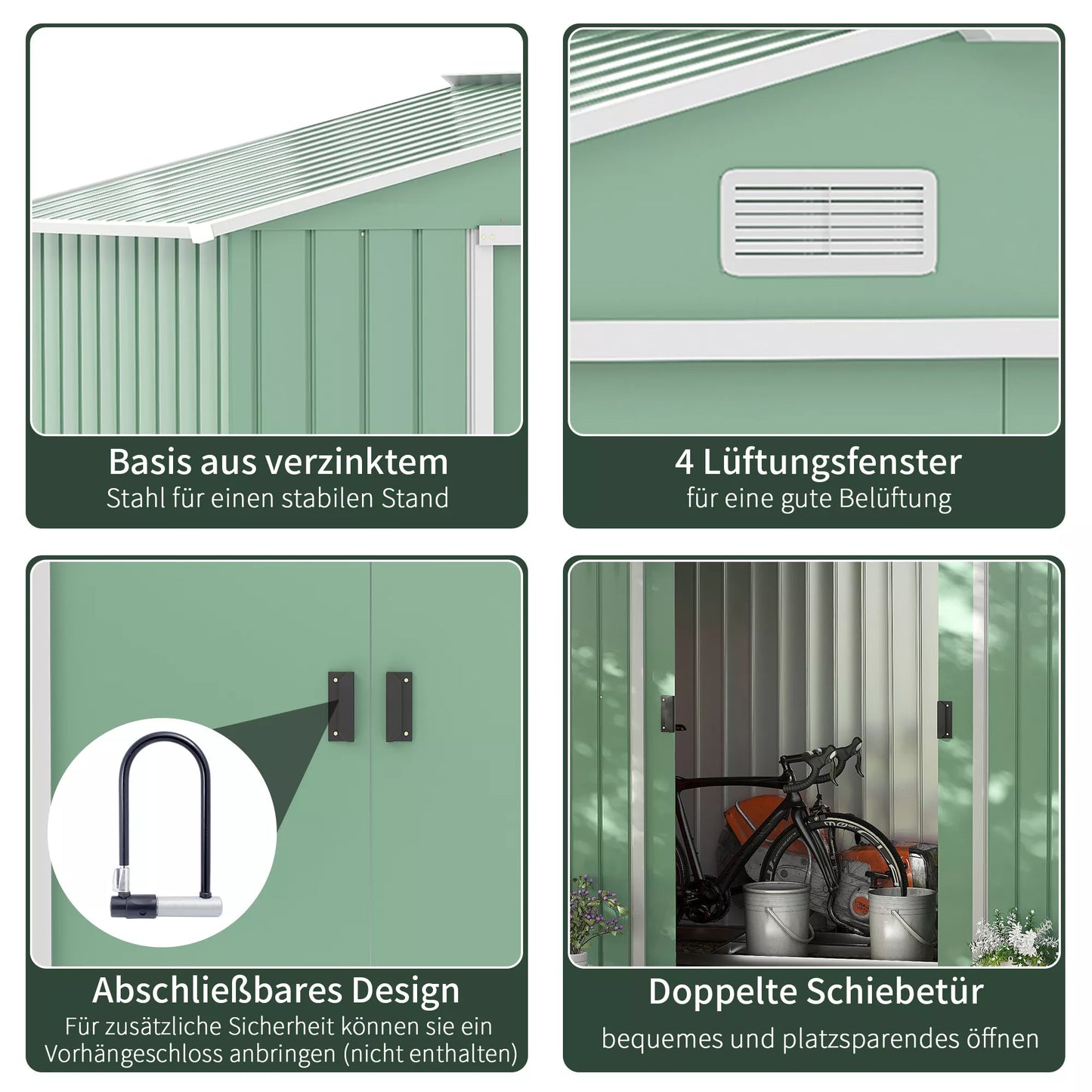 Sodo namelis, 2 stumdomos durys, ventiliacijos langai, pagrindo rėmas, nerūdijantis plienas, šviesiai žalias, 2,13 x 1,30 x 1,85 m