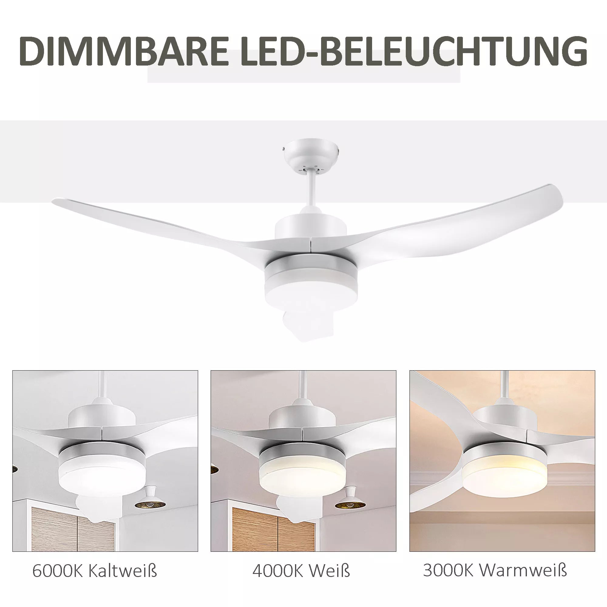 Lubų ventiliatorius su LED apšvietimu, 2-in-1 dizainas, su laikmačiu, nuotolinio valdymo pultu, lubų lempa su ventiliatoriumi, balta spalva