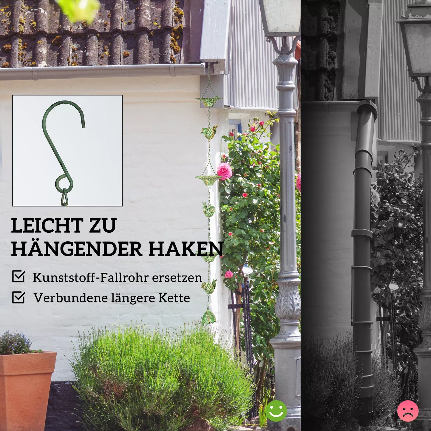 3 vnt. Rinkinys Lietaus Grandinės 123cm Metalinis Vandens Nutekėjimo Vamzdelis su Pritvirtintu Pakabuku Paukščių Varpelis Žalias