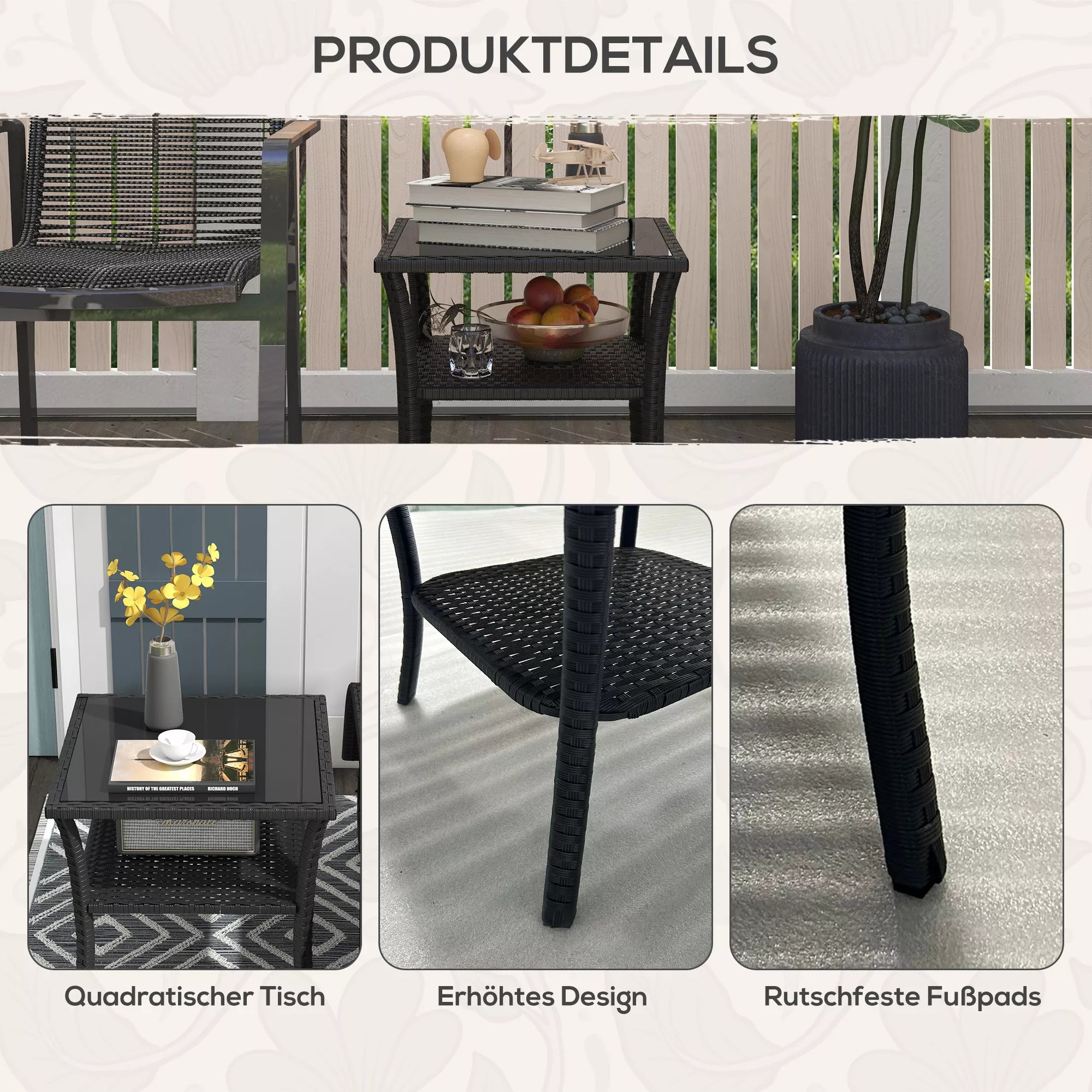 Polyrattan sodo stalas, 50 x 50 x 45 cm, atsparus atmosferos poveikiui, pagalbinis stalas 4 asmenims, kvadratinis su stikliniu stalviršiu