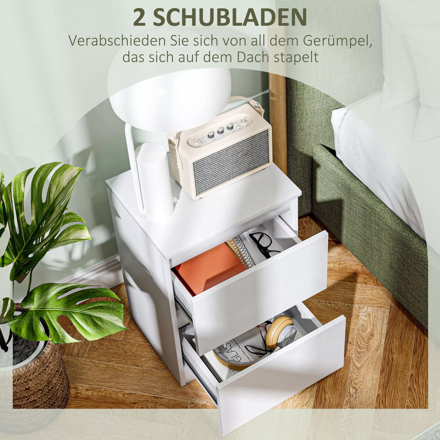 Naktinis staliukas su 2 stalčiais, pagalbinis staliukas su daiktadėže, skirtas svetainei, miegamajam, baltas.