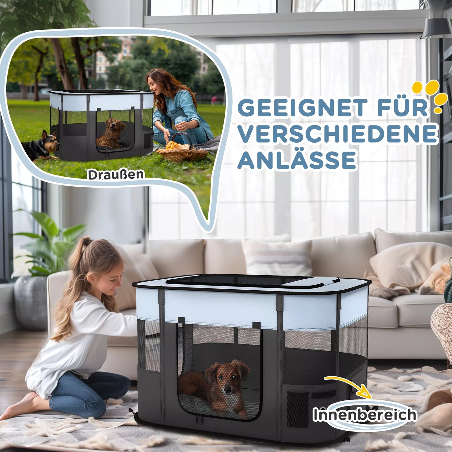 Sulankstomas žaidimų aptvaras naminiams gyvūnams su laikymo krepšiu, skirtas šuniukams ir kačiukams, naudoti lauke ir viduje, pilkos spalvos