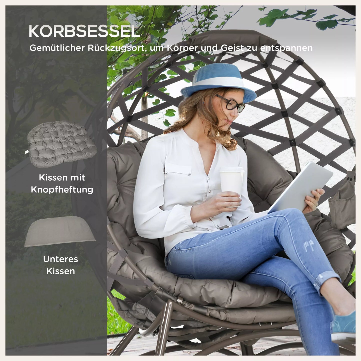 Sodo kėdžių komplektas, 2 vnt., pufas/pagalbinis staliukas, didelė sėdimoji pagalvėlė, plieninis rėmas, spalva: smėlio, 118 x 75 x 142 cm