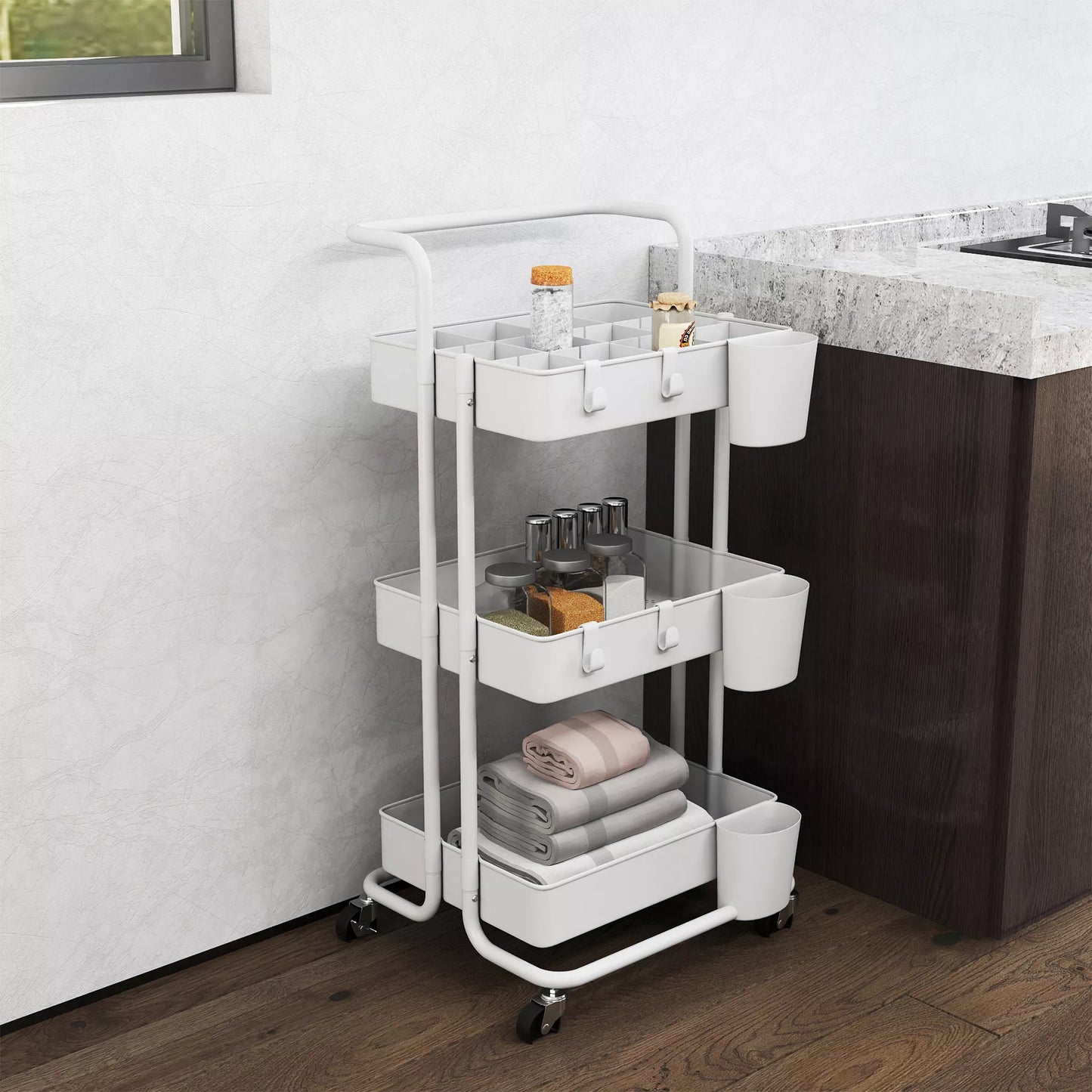 Ratinis vežimėlis, serviso vežimėlis, 3 laikymo krepšeliai, 3 pakabinamos dėžutės, 4 kabliukai, metalinis rėmas, 42 x 38 x 86,5 cm, balta