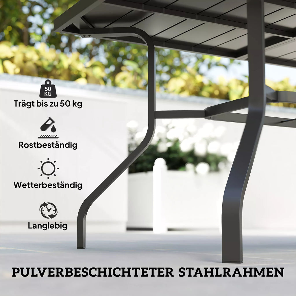 Sodo stalas 152x90 cm, atsparus atmosferos poveikiui, balkono stalas iš plieno, pagalbinis stalas su skėčio skyle, lentų dizainas, juodas