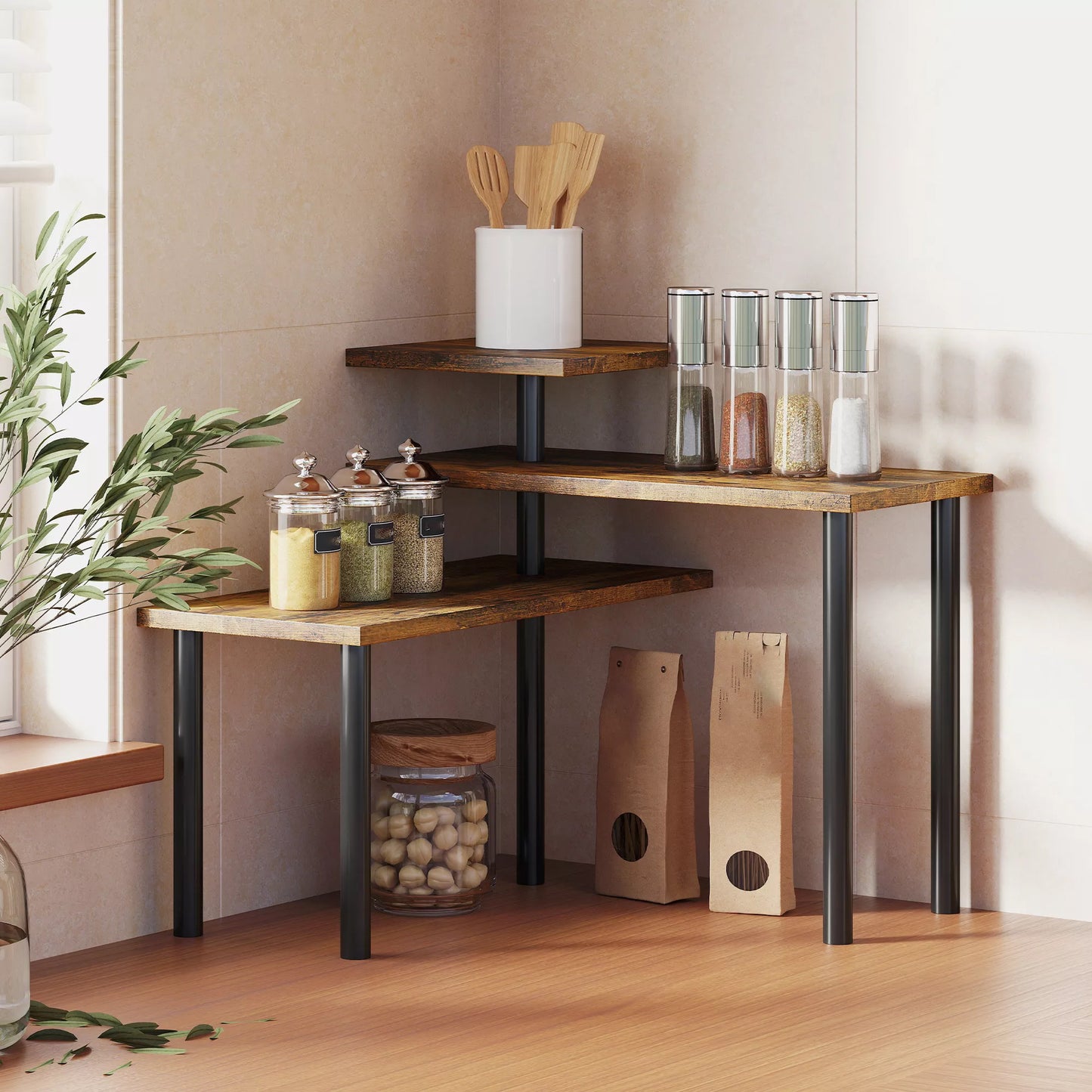 Virtuvės lentyna, besisukanti mikrobangų krosnelės lentyna su 3 pakopomis, pramoninio stiliaus metalinė pastatoma lentyna, 40 x 18 x 36,5 cm