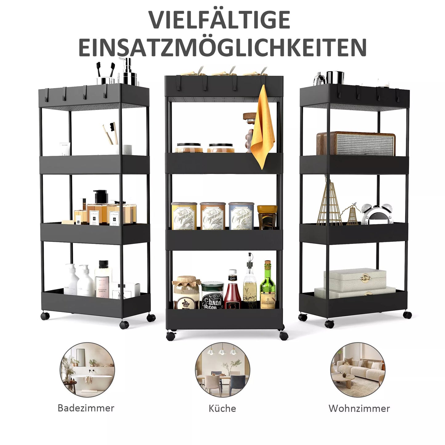 Virtuvės vežimėlis su 4 lentynomis, 4 lanksčiais kabliukais, 4 ratukais, 40 cm x 19 cm x 90 cm, siauros vietos vežimėlis, juodas