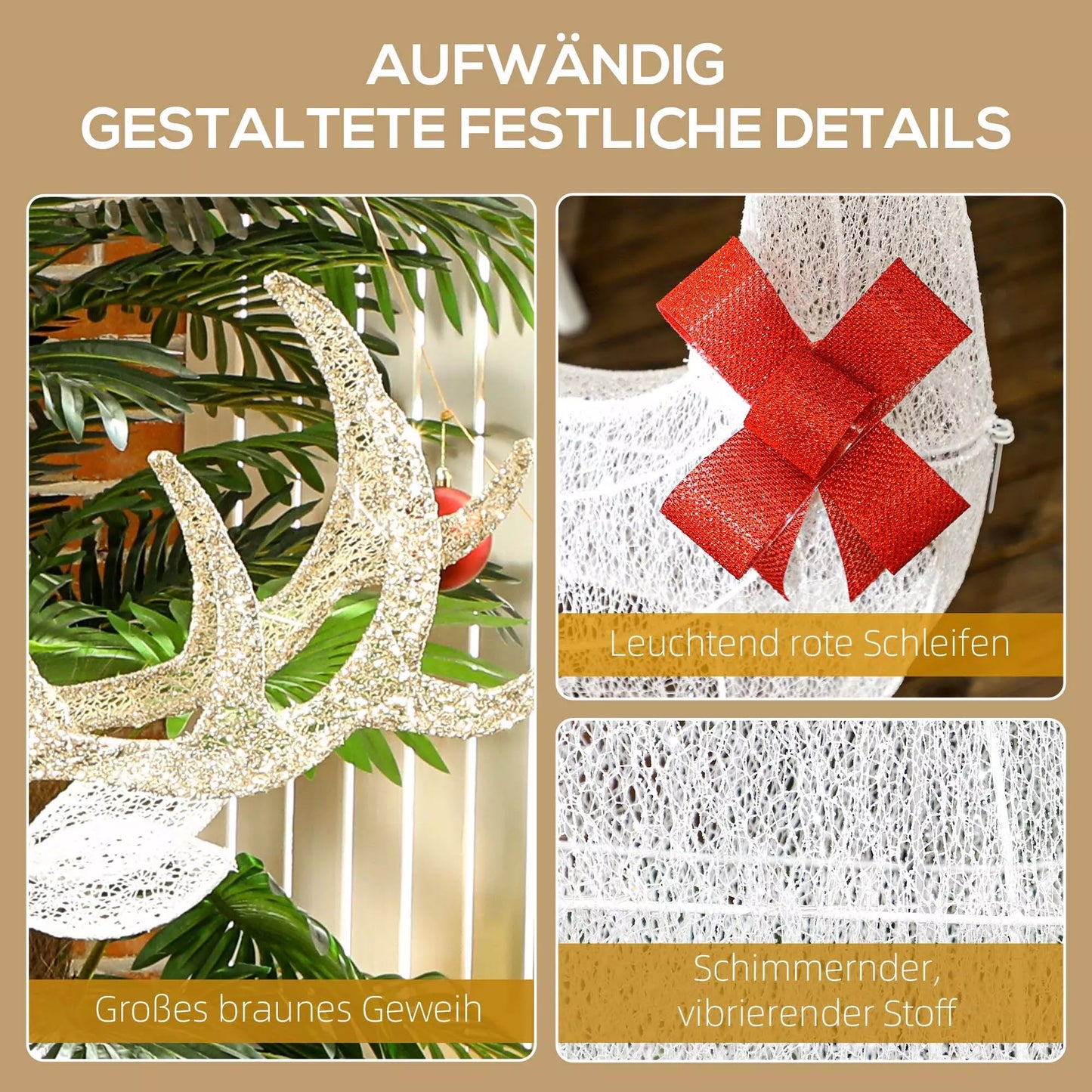 Kalėdinių elnių šeima su raudonais kaspinėliais, 283 LED lemputės, Kalėdinė puošmena, atsparus oro sąlygoms, sidabrinis