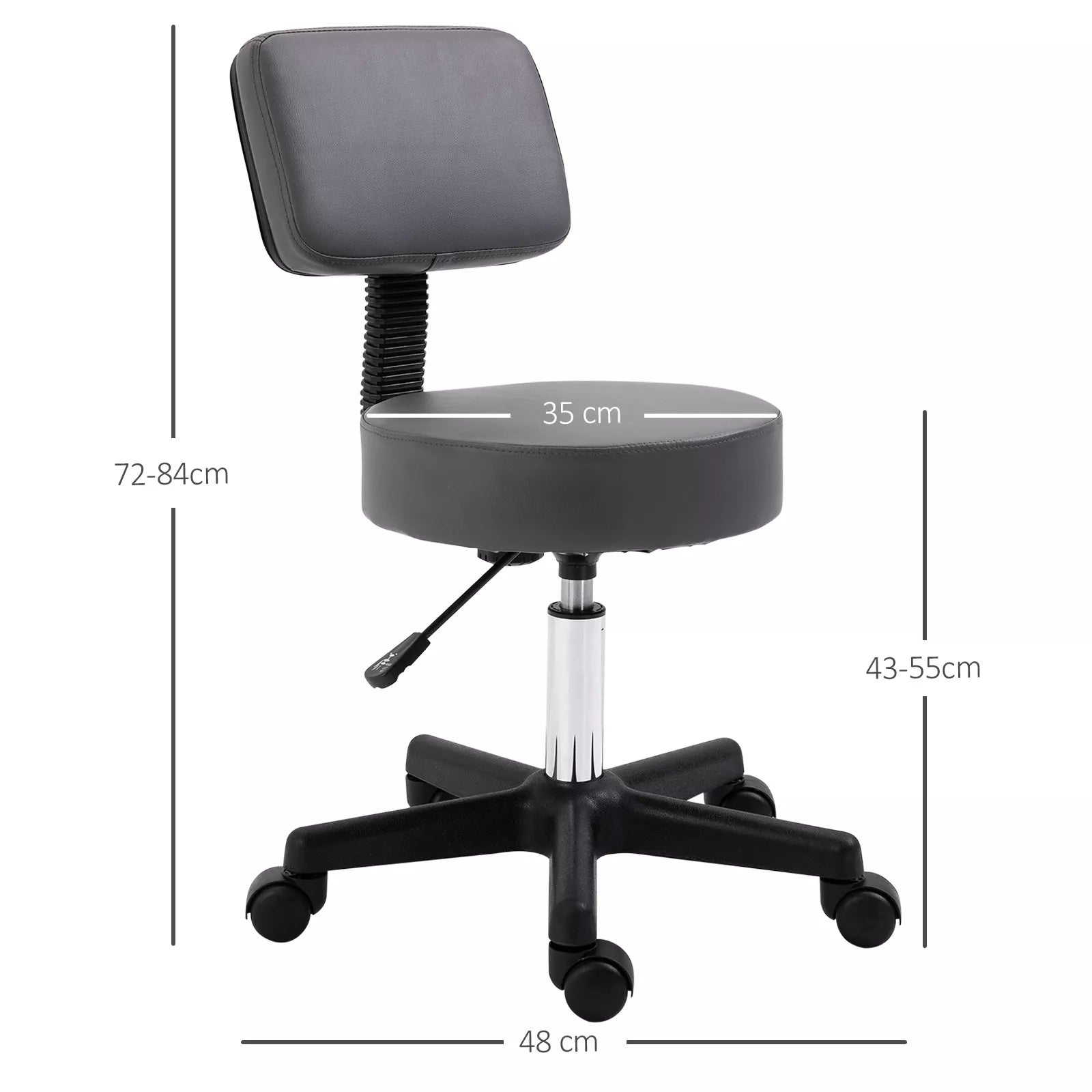 Salono taburetė, reguliuojamo aukščio, ergonomiška, 360° besisukanti, su 5 ratukais, pilkos spalvos sintetinė danga