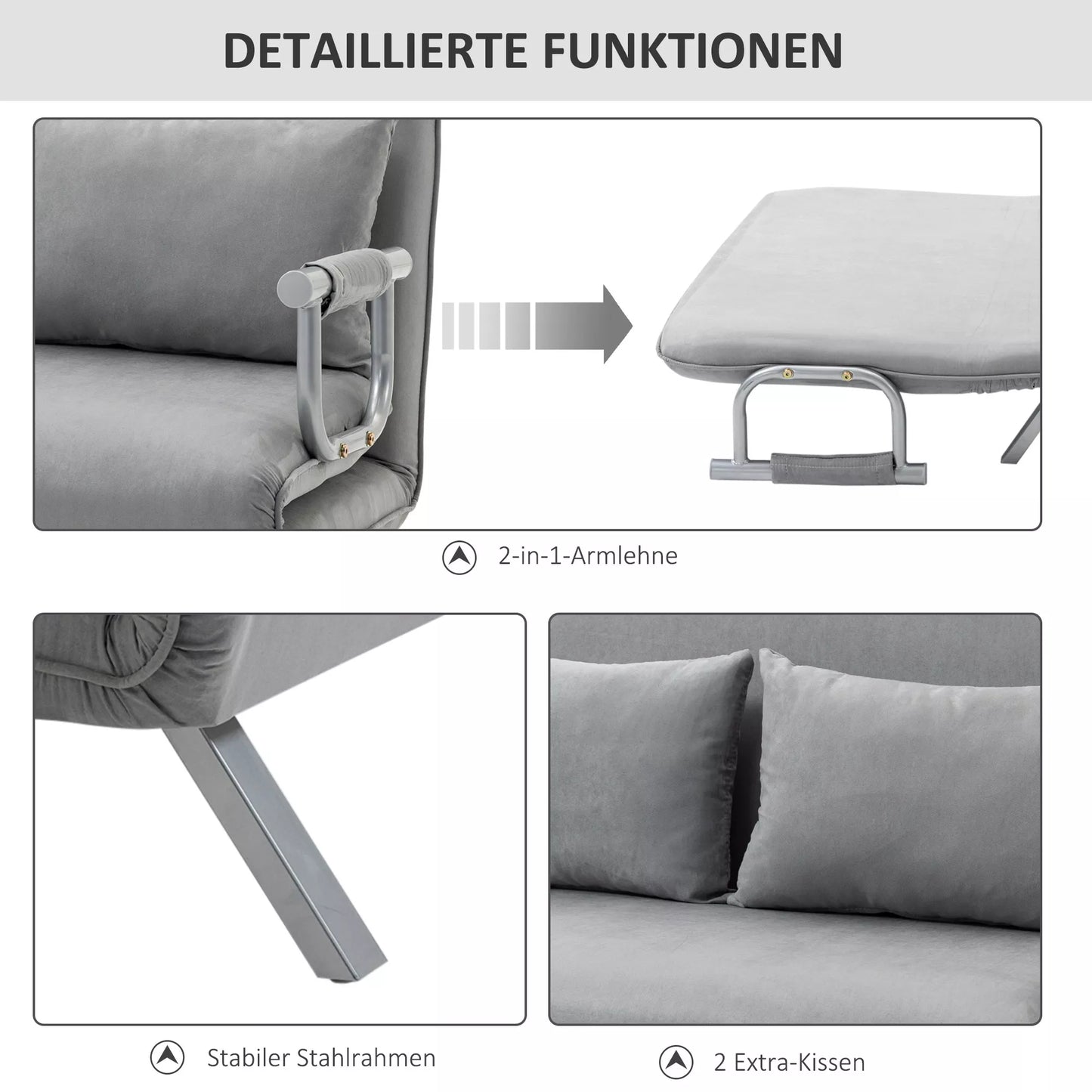 Miegamoji sofa, dvigulė sofa, sofa svečiams, su 2 pagalvėlėmis, pilka
