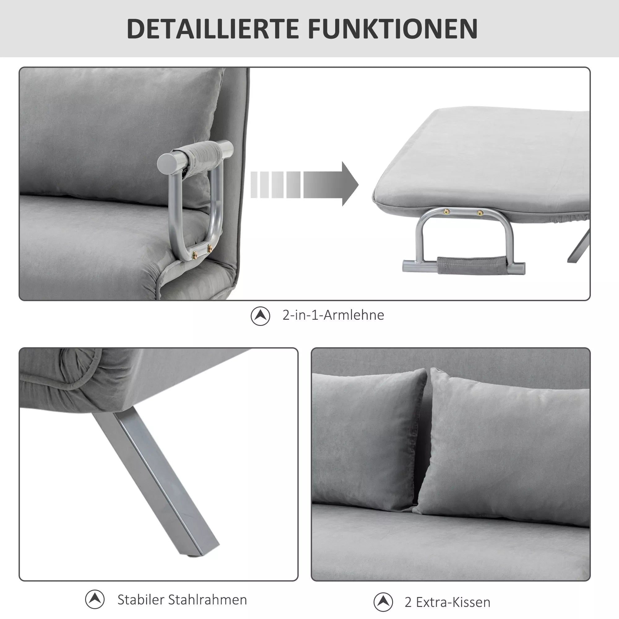 Miegamasis sofos, dvigulė sofa, svečių lova, su 2 pagalvėmis, pilkos spalvos