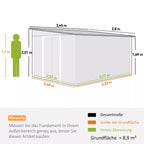 Sandėliuko matmenų schema su 8,9 m² vidiniu plotu ir žmogaus palyginimu