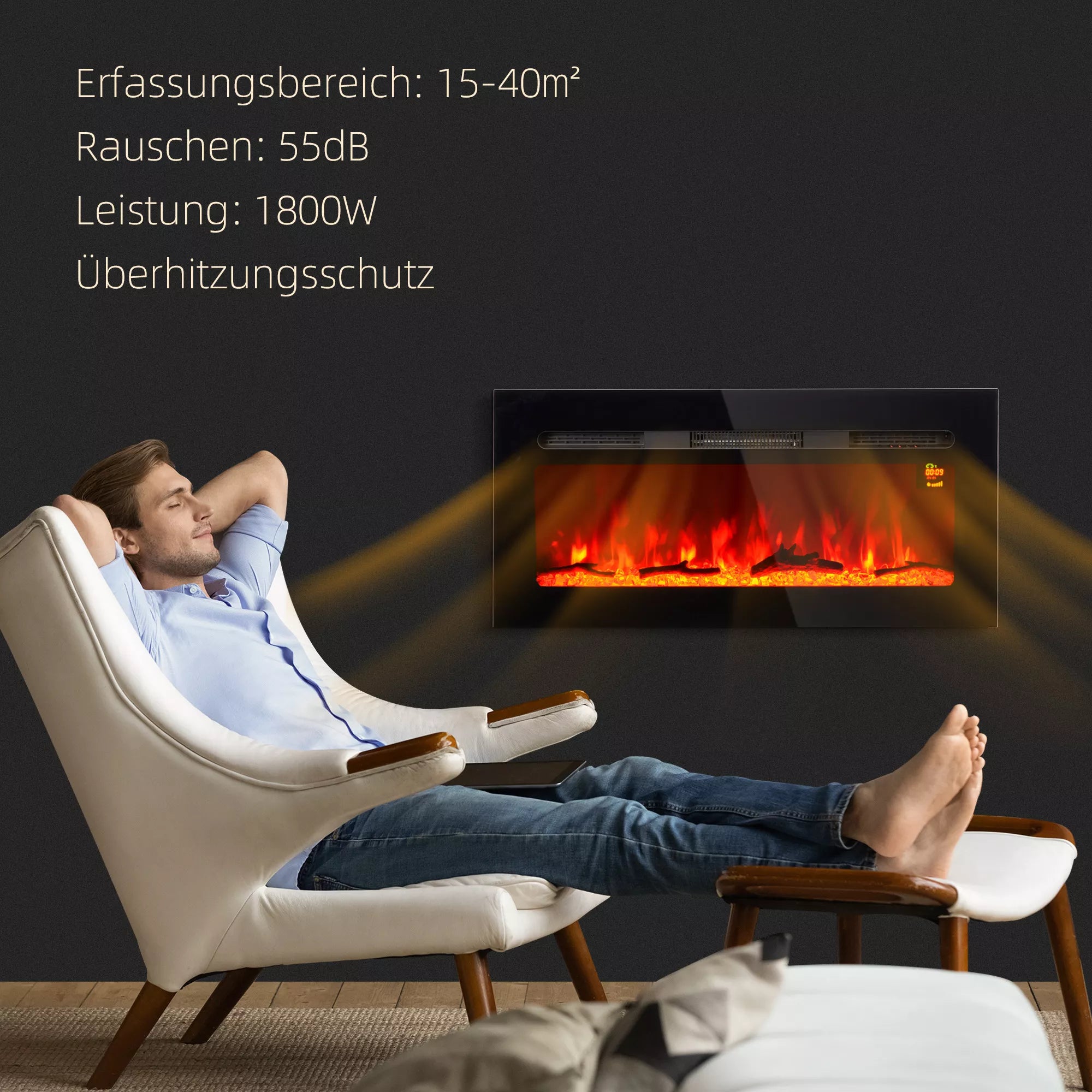 Elektrinis židinys su sieniniu laikikliu ir nuotolinio valdymo pulteliu, dirbtinės malkos ir kristalai, 1800W galia, juodos spalvos.
