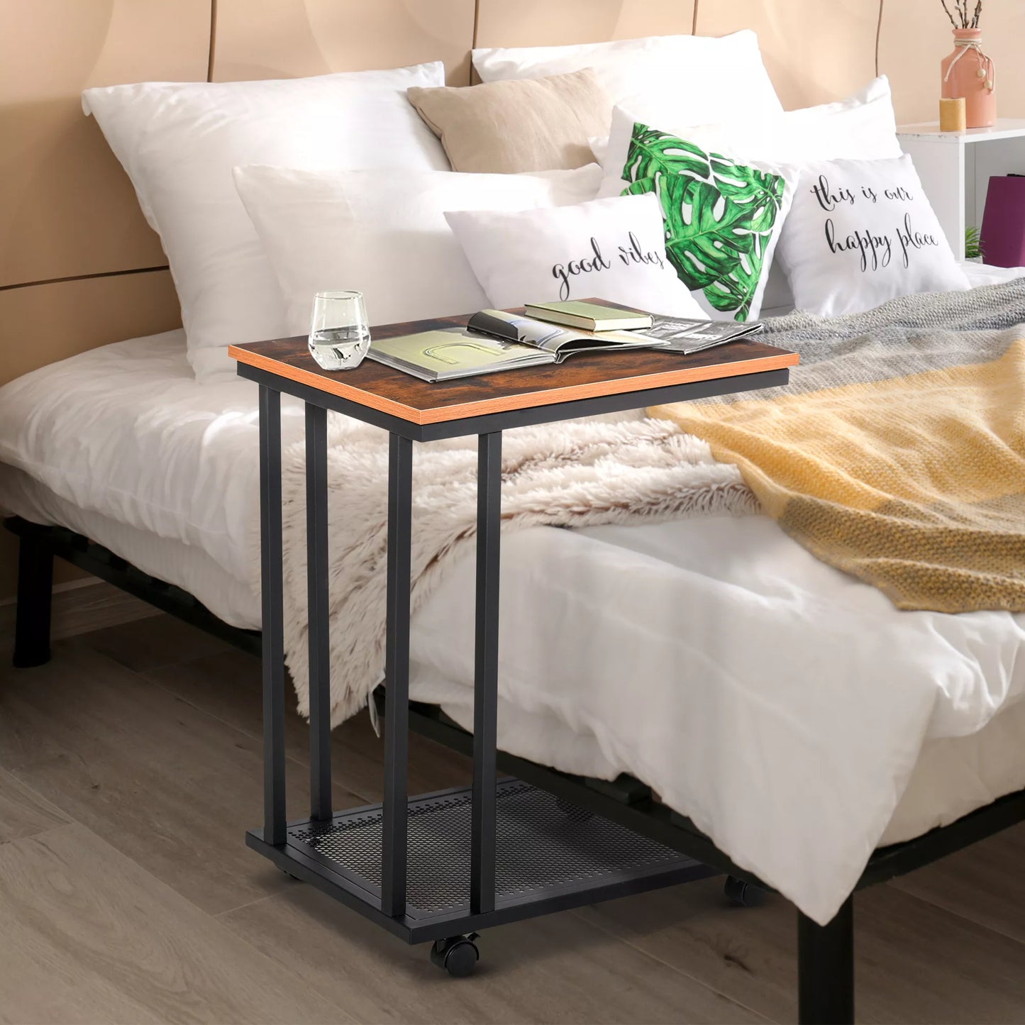 C formos staliukas, vežimėlis, padavimo vežimėlis, nešiojamo kompiuterio staliukas, svetainės staliukas, naktinis staliukas, staliukas lovai su metaliniu rėmu, pramoninio dizaino, juodas + riešuto imitacijos mediena, 51 x 36 x 65 cm