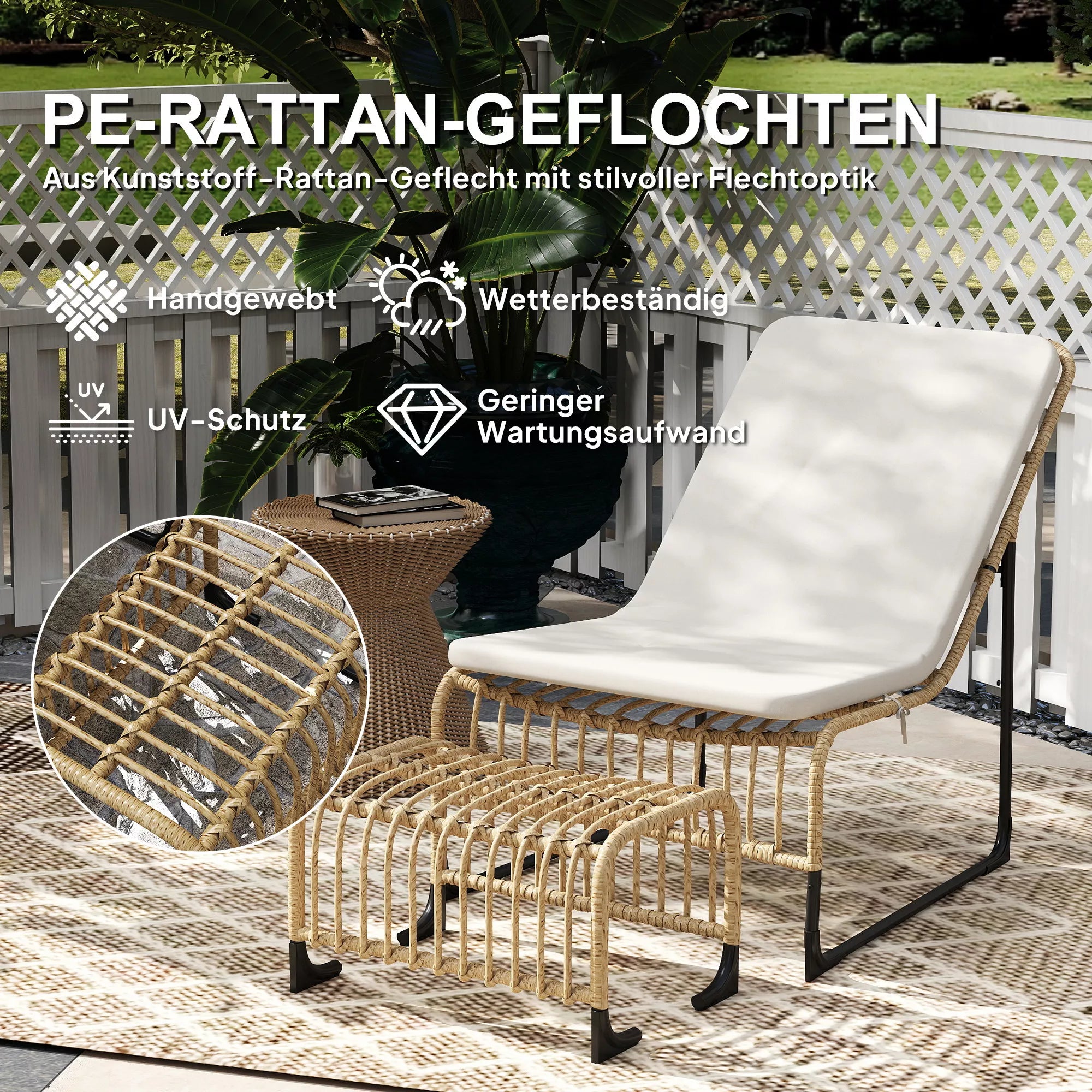 Rattan Relaxsessel su pėdų atrama UV atsparus sodo krėslas su pagalvėlėmis Juostos 65 x 93 x 80 cm Natūralus medis