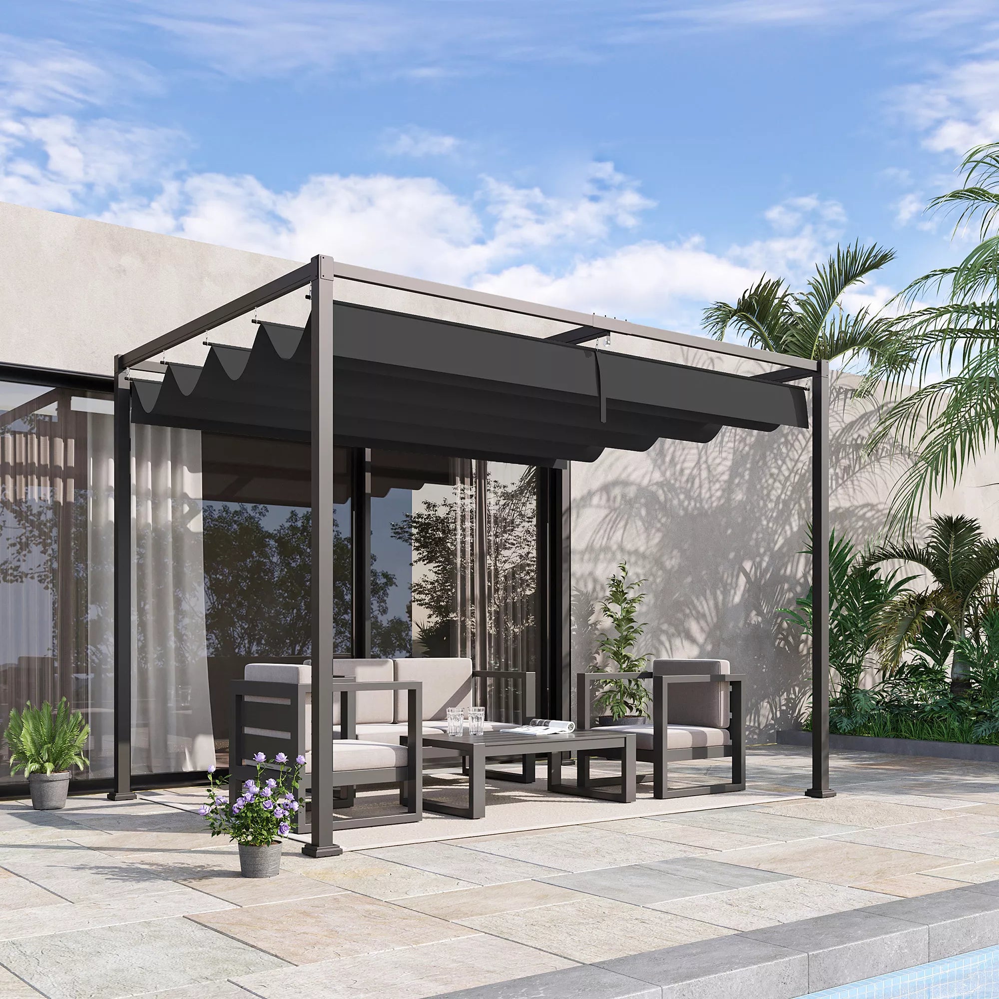 Pergola, apie 3x2 m, sodo pavėsinė, terasos stogas, metalinė, atskira sodo pavėsinė su reguliuojamu stogu, UV apsauga, saulės apsauga terasai ir sodui, juoda + pilka