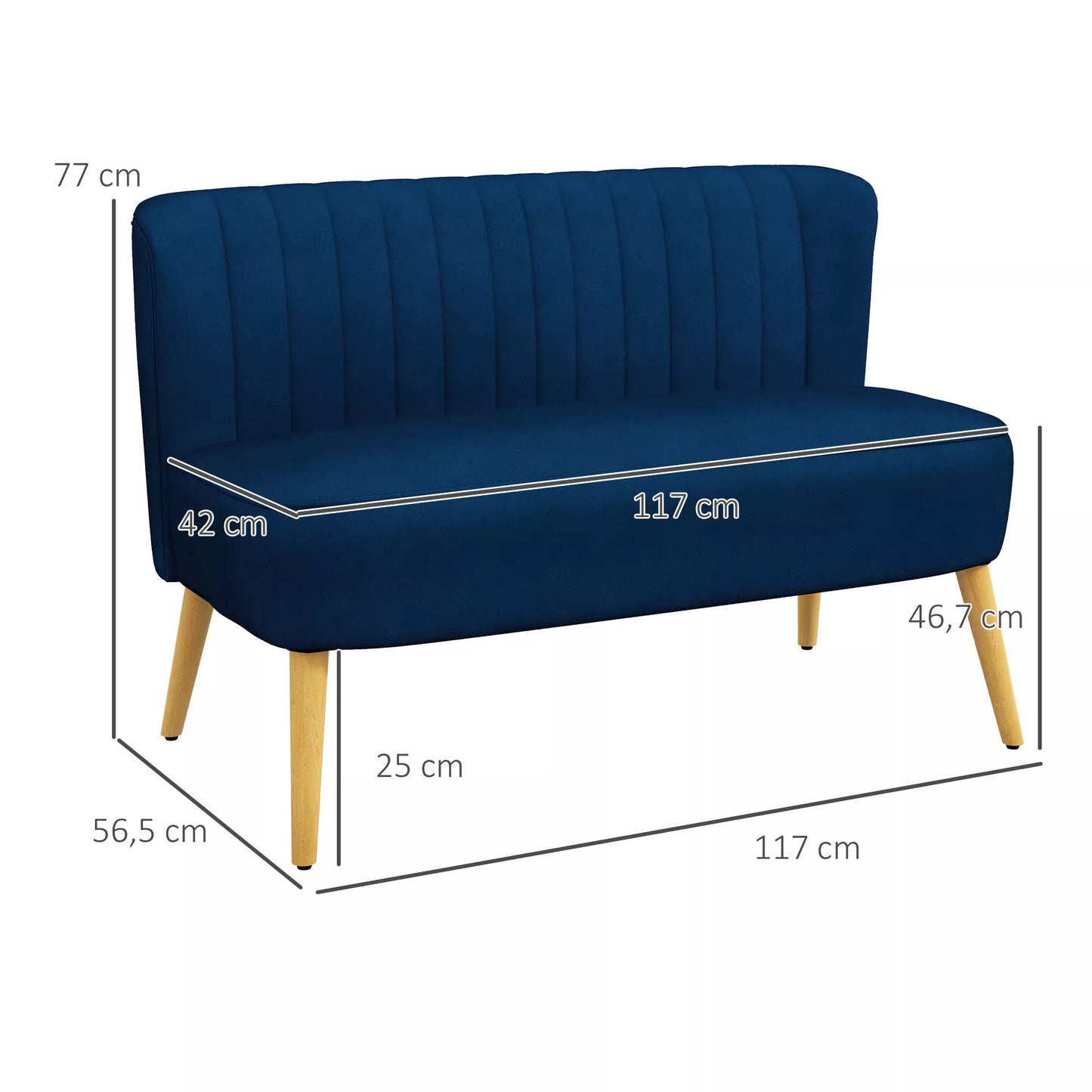 Sofos Retrodesign 2-vietė sofa, medinės kojos, 117 cm x 56,5 cm x 77 cm, mėlyna