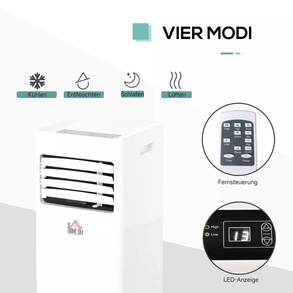 Mobilus oro kondicionierius, 7000 BTU, 3-in-1 įrenginys – vėsinimas, drėgmės šalinimas ir vėdinimas – oro sausintuvas, ventiliatorius, su nuotolinio valdymo pultu, 24 val. laikmačiu, 2 greičio režimais, skirtas 10–26 m² patalpoms, baltos spalvos