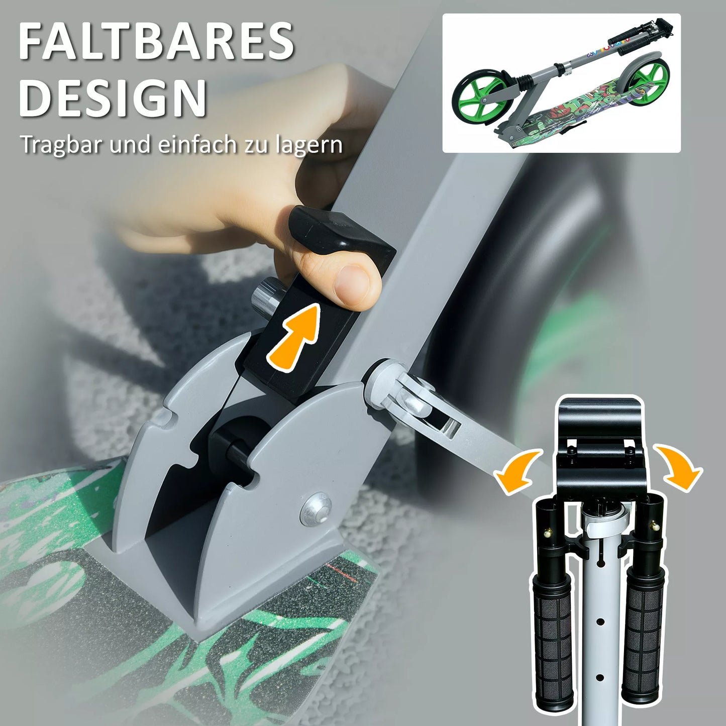 Tretroller, aukščio reguliuojamas, galinis stabdys, sulankstomas, 100 kg apkrova, žalias