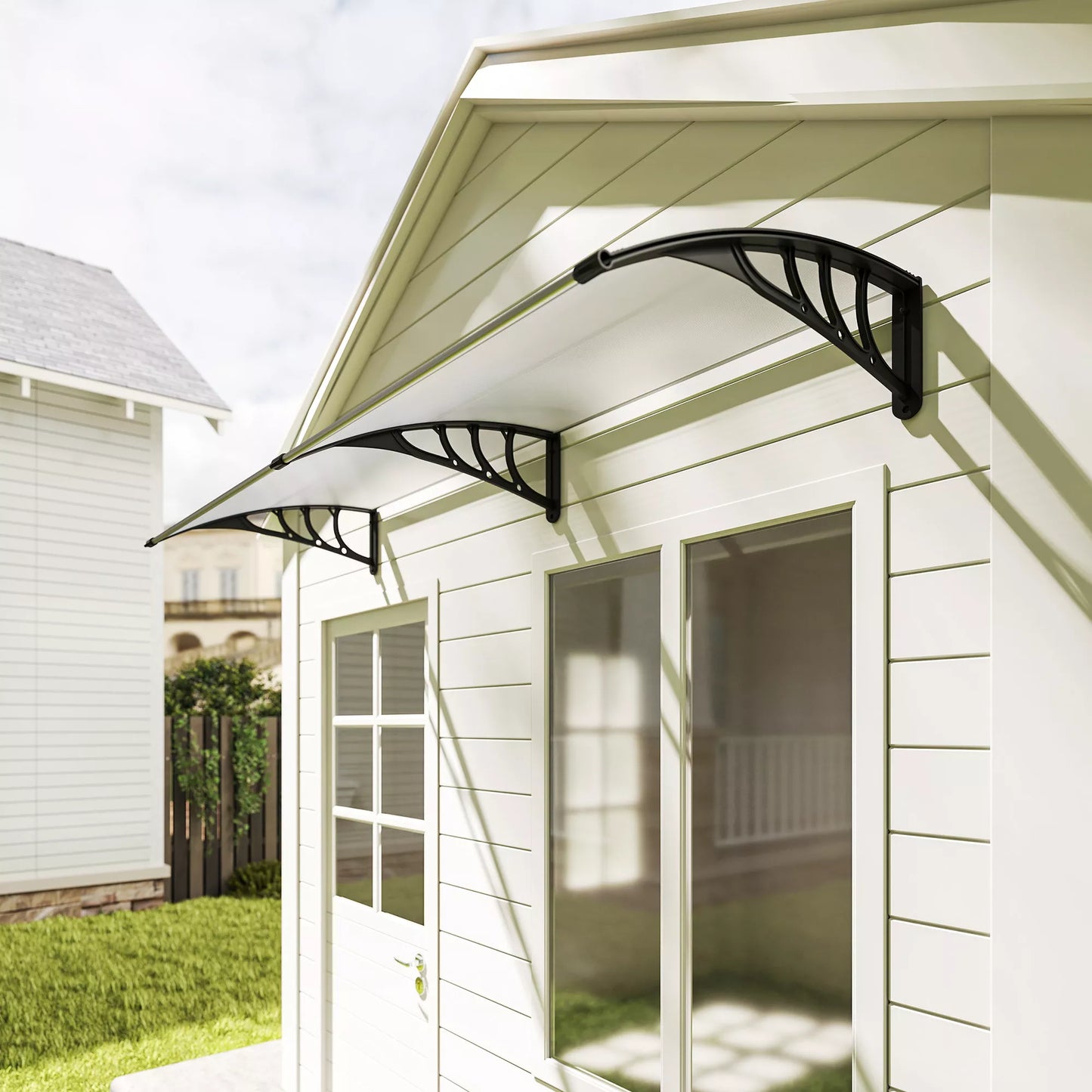 Prieangio stogelis virš durų 75x195x23 cm, 5 mm polikarbonato apsauga nuo saulės ir lietaus lauke, aliuminio, permatomas