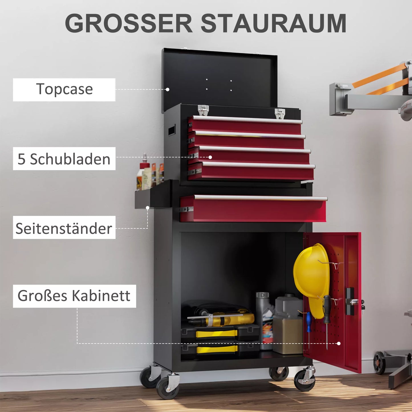 Vežama įrankių spinta, tvirtas baldas su viršutine įrankių dėže ir stalčiais, užrakinamas, metalinis, juoda+raudona