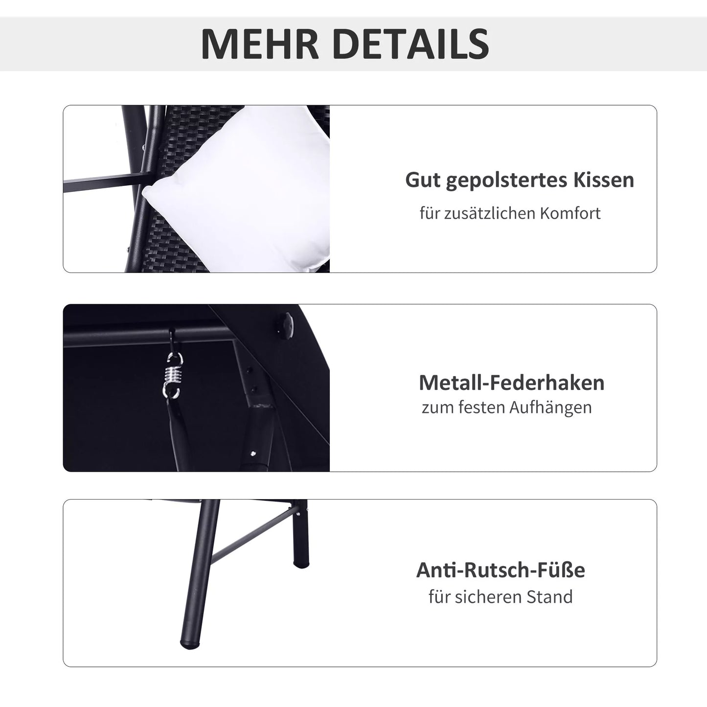 3 vietų poliratano ir metalo holivudinis suoliukas-supynės su pagalvėlėmis, atlaiko iki 360 kg, naujas (juodas)