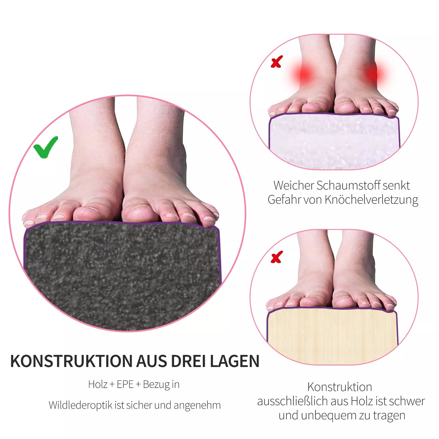 Sulankstoma balansinė sija, neslystanti, su zomšos danga, tvirtas medinis pagrindas, 210 x 10 x 6,5 cm, violetinė