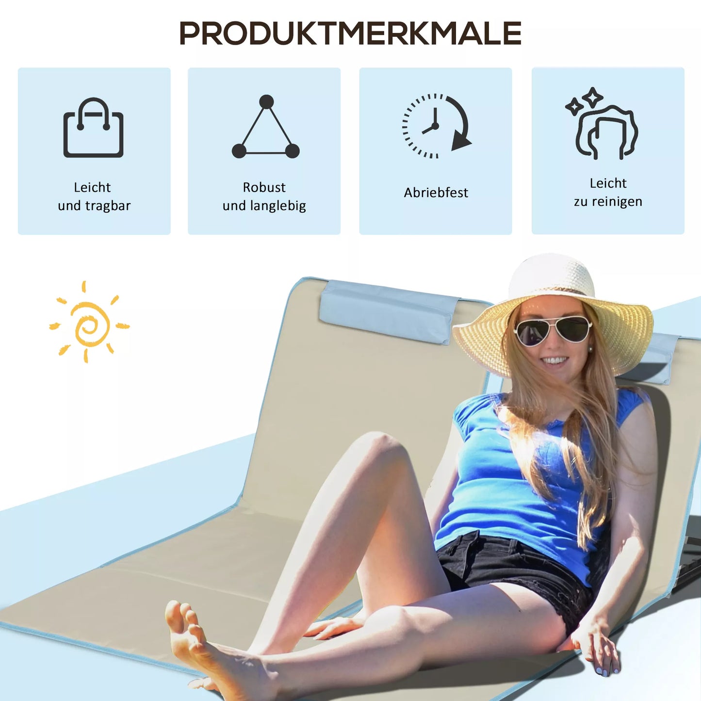 2 vnt. komplektas paplūdimio kilimėlių, reguliuojamų, sulankstomų, 124L x 53B x 37-50H cm, smėlio spalvos