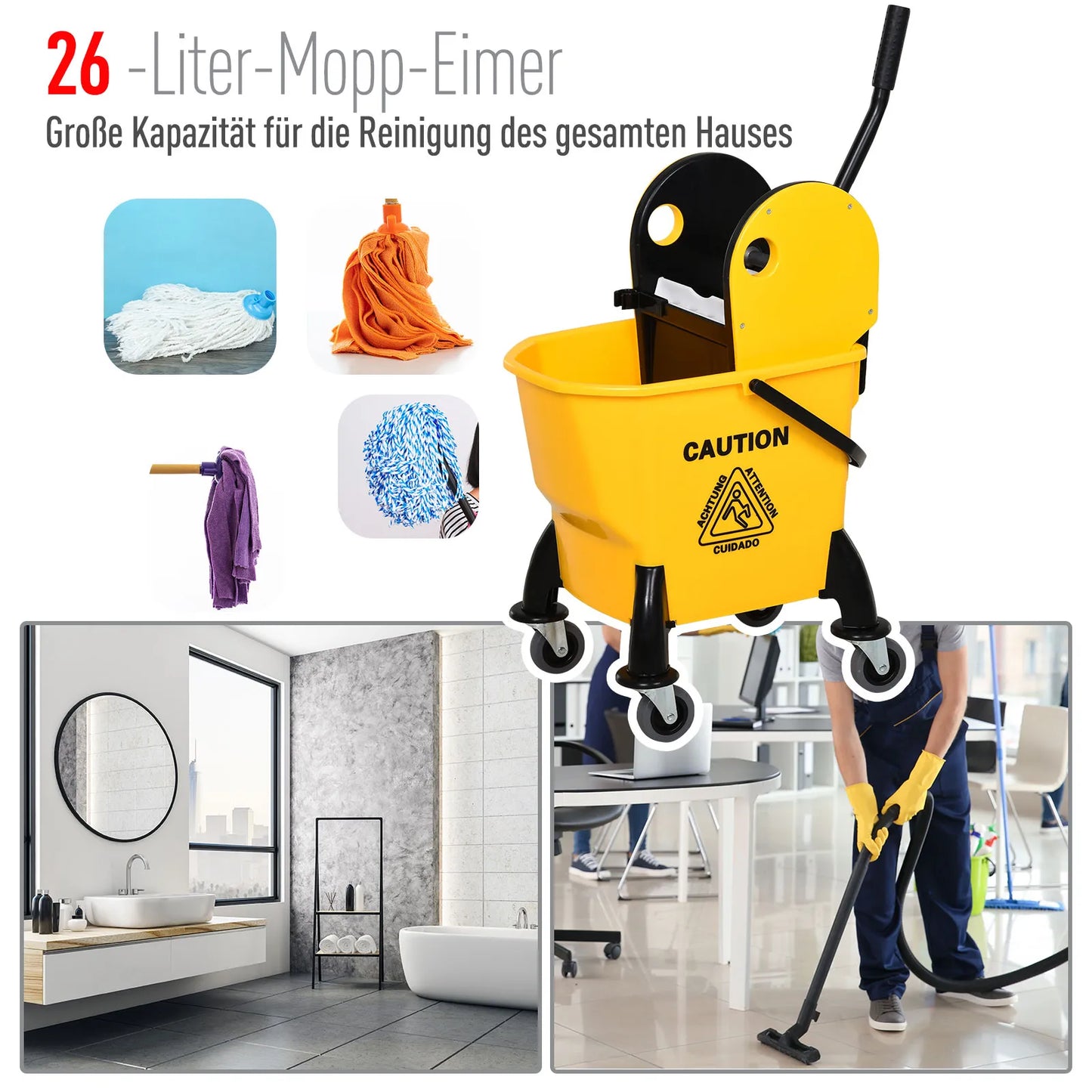 Valymo vežimėlis su kibiru ir gręžimo mechanizmu, 26 litrų, geltonas, 44 x 36 x 90 cm