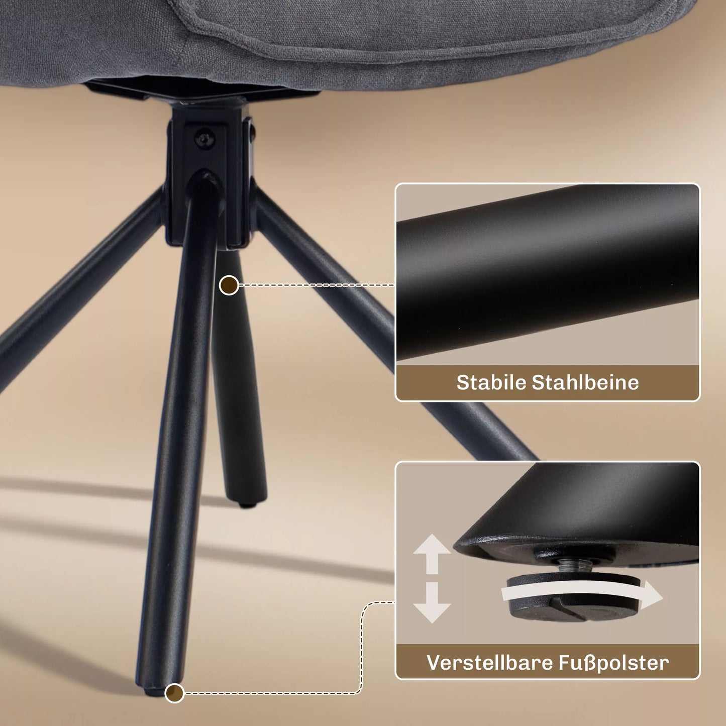 2 vnt. rinkinys Valgomojo kėdės, sukančios, minkštai paminkštintos, su porankiais, metaliniu pagrindu, tamsiai pilkos