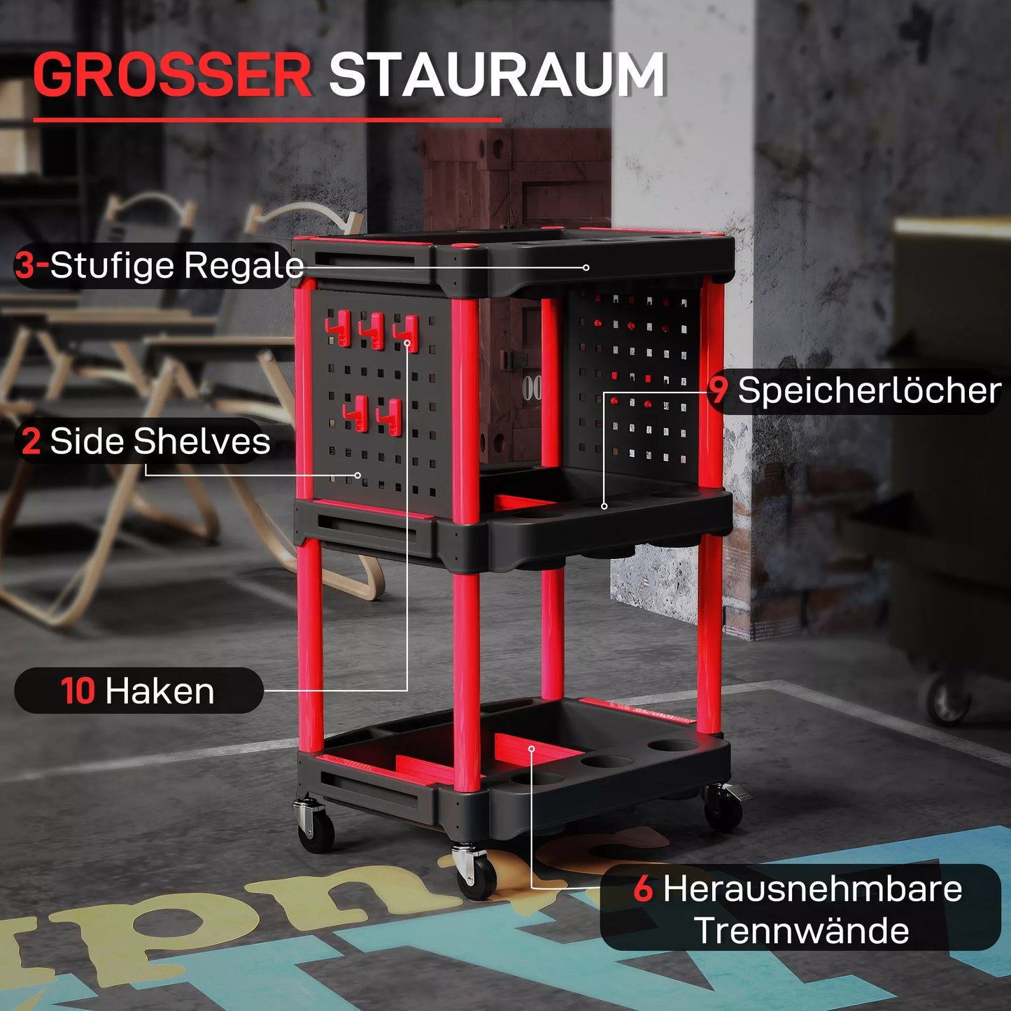 Įrankių vežimėlis, trijų pakopų lentynos, 4 ratai, plastikas, 10 kabliukų, raudonas