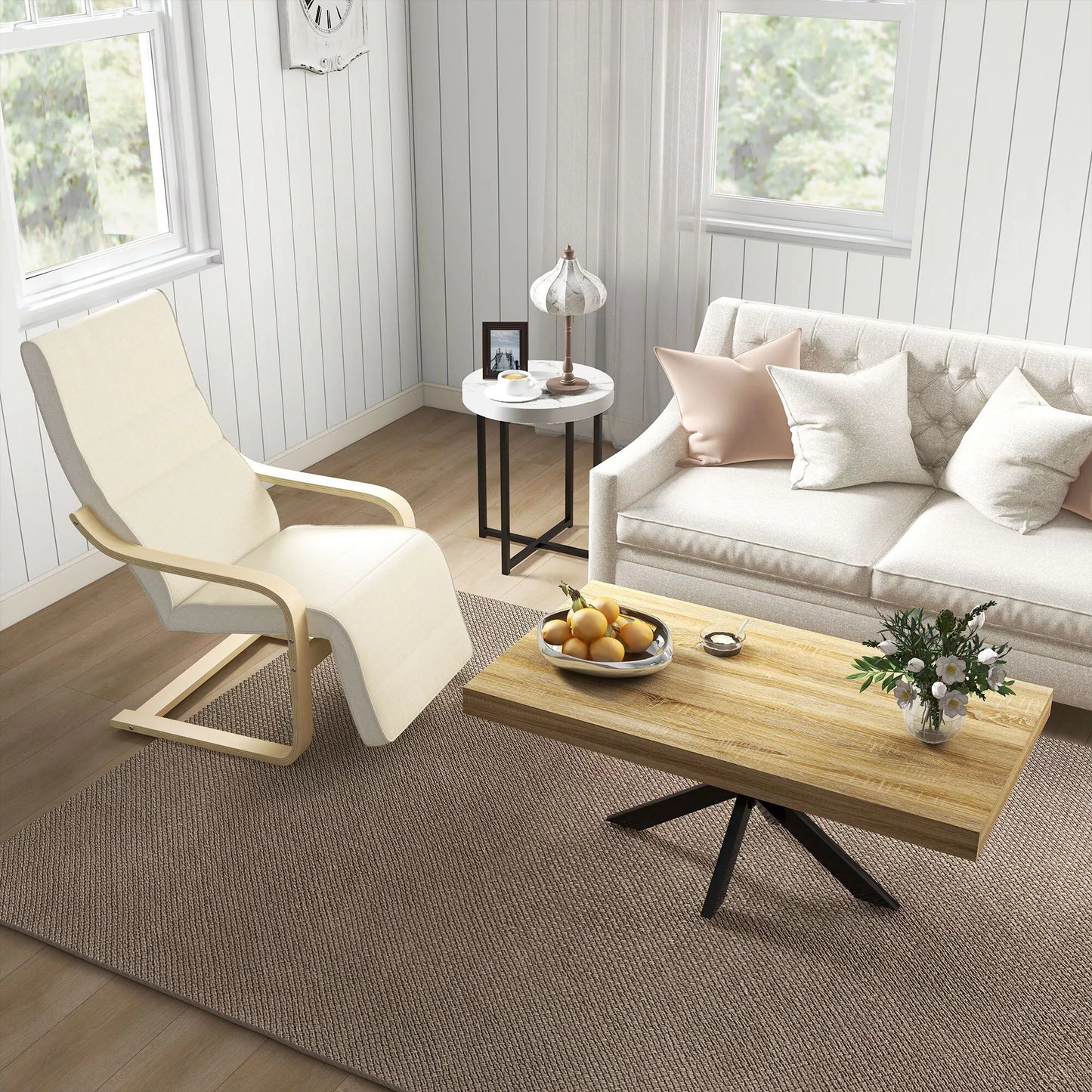 Gultas su pagalve, 5 pakopų atrama kojoms, beržo mediena, iki 120 kg, 66,5 x 94 x 100 cm, kreminės baltos spalvos