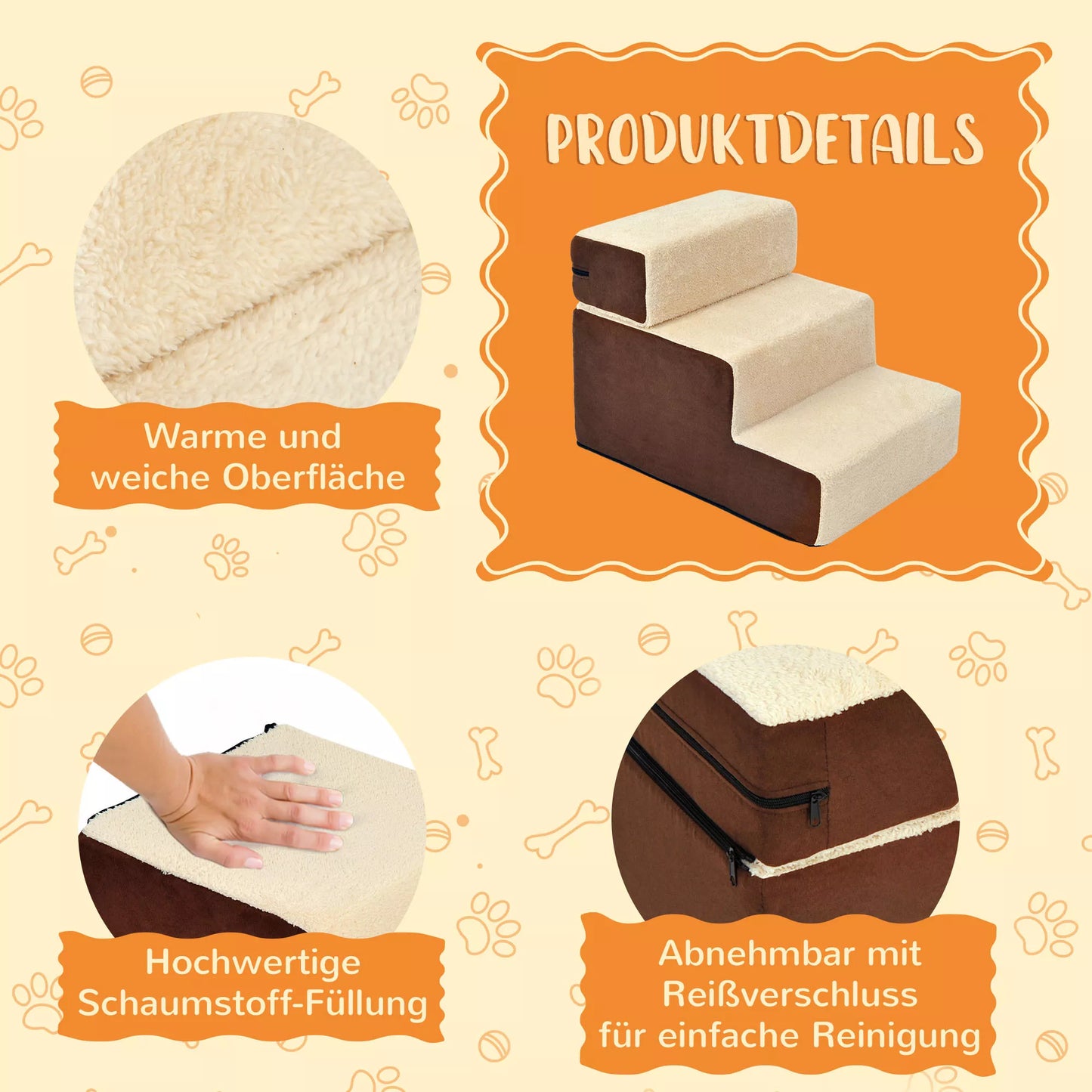 Laiptukai augintiniams, 3 pakopų šunų ir kačių laiptukai, pliušiniai, smėlio spalvos, 54 x 40 x 39cm