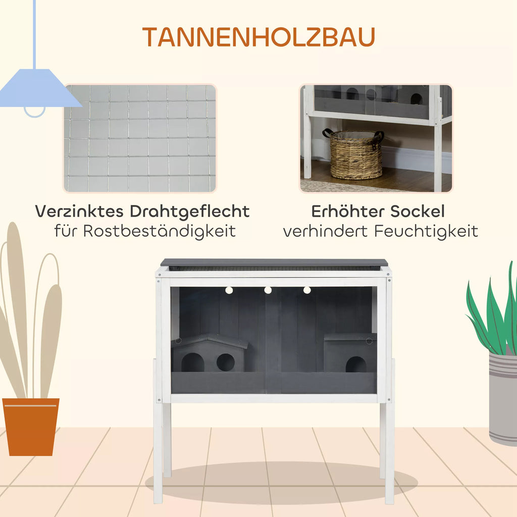 Hamsterio narvelis, 3000 cm² medinis ir metalinis narvelis nykštukiniams hamsteriams, su 2 nameliais, akrilo stumdomosiomis durimis, tvirtas, saugus, pilkos ir baltos spalvos