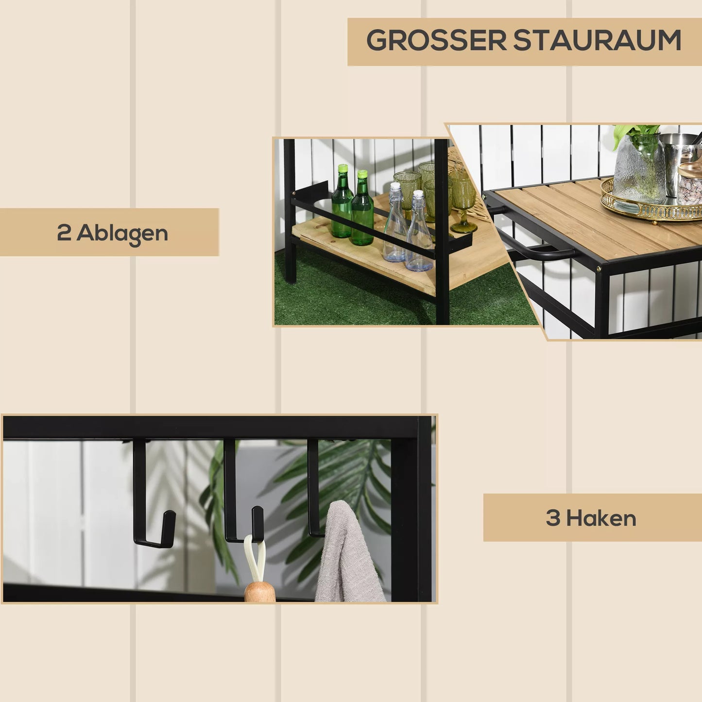 Pramoninio dizaino serviravimo vežimėlis, atsparus atmosferos poveikiui, 3 kabliai, 1 lentyna, 107 cm x 65 cm x 80 cm, juodas + natūralus