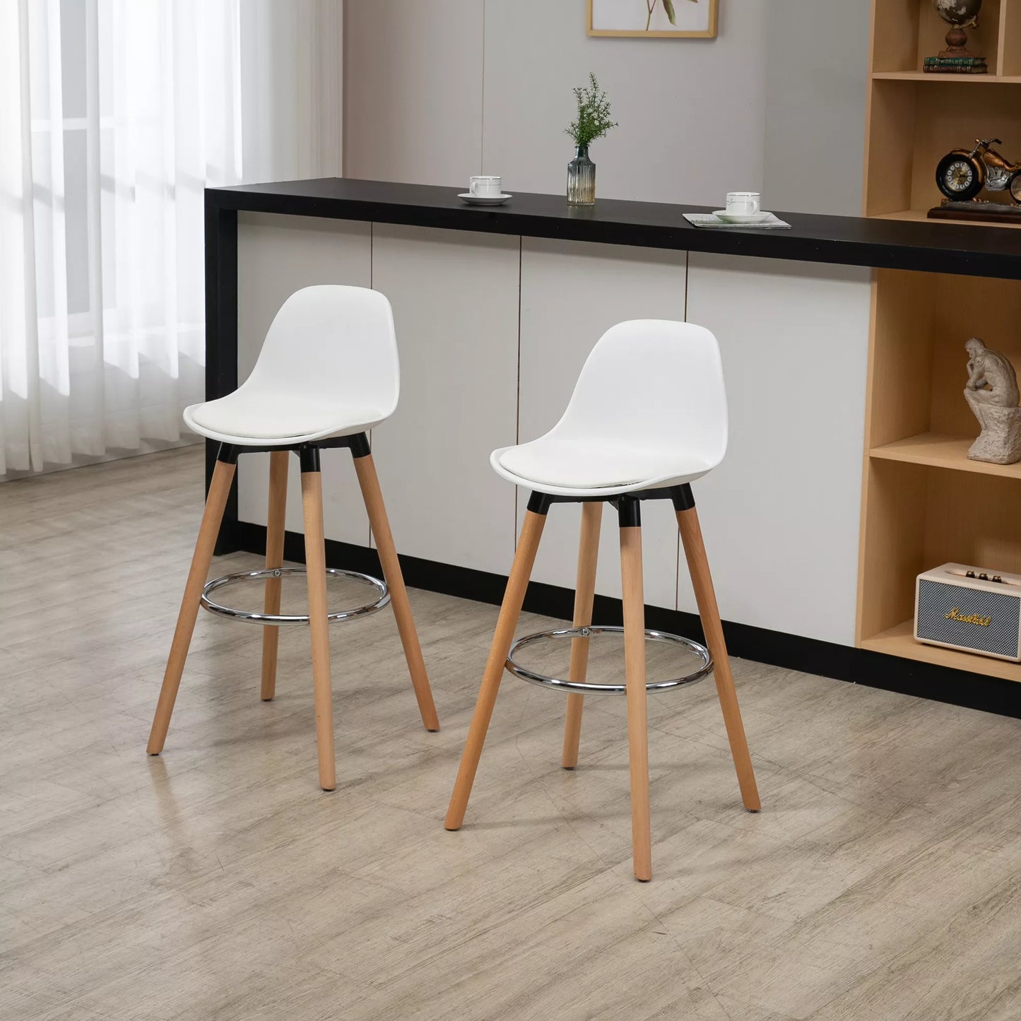 HOMCOM 2 vnt. baro kėdžių komplektas, Skandinaviško dizaino, su atrama kojoms, 38,5 cm x 42,5 cm x 91 cm, Natūrali + Balta