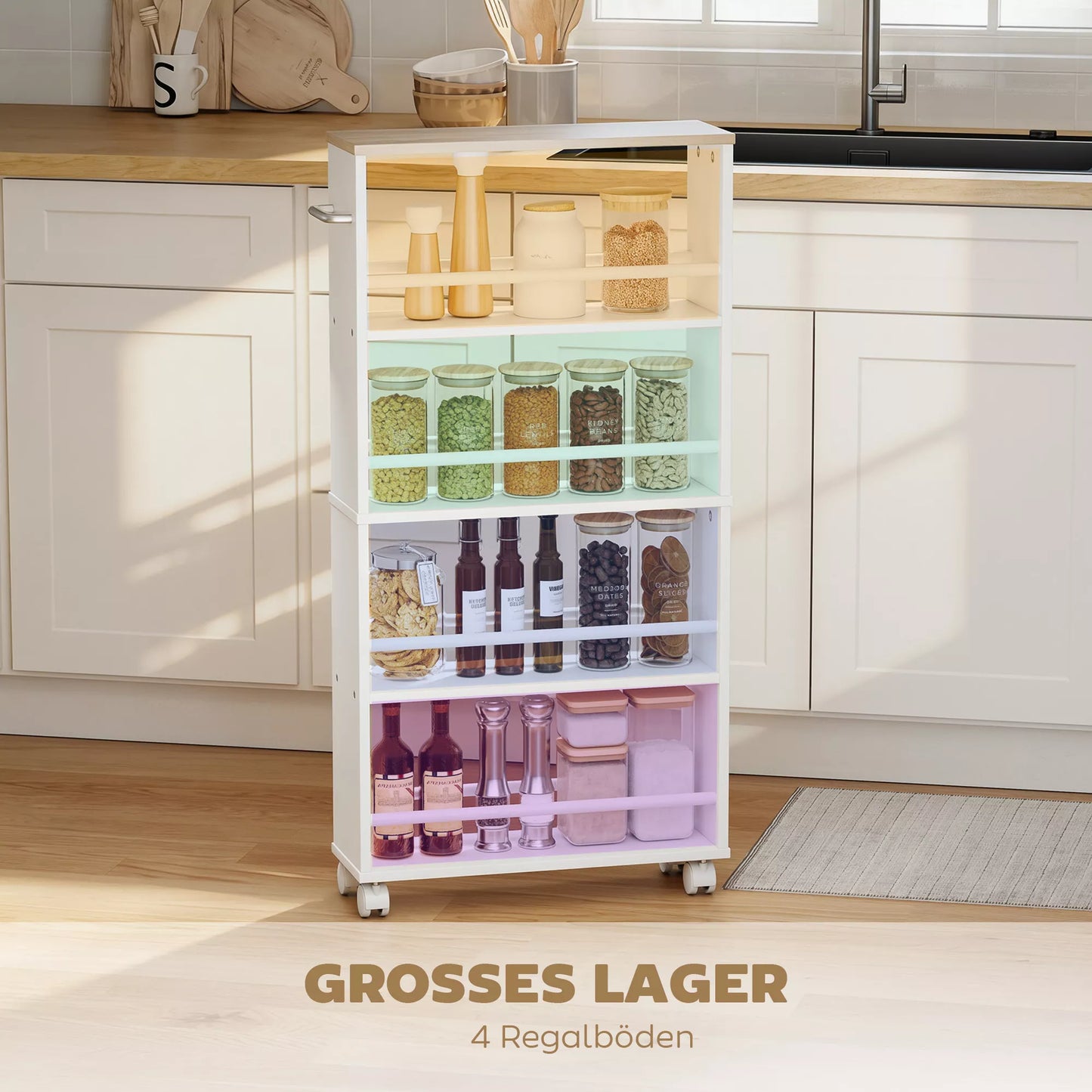 Daugiafunkcinė lentyna ant ratukų, siauras dizainas, 4 skyriai, 45x15x91 cm, Natūrali spalva