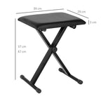 Juodo pianino suolo matmenų schema: plotis 39 cm, gylis 29 cm, aukštis 37–47 cm