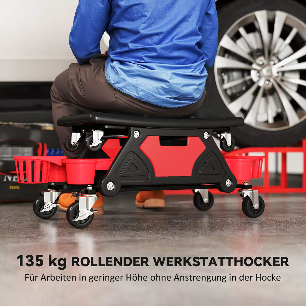 Dirbtuvės taburetė su ratukais, nuimamas sėdynės dangtis, atidėjimo paviršius, 33 cm aukščio, taburetė su ratukais, atlaiko iki 135 kg svorį, raudonos spalvos.