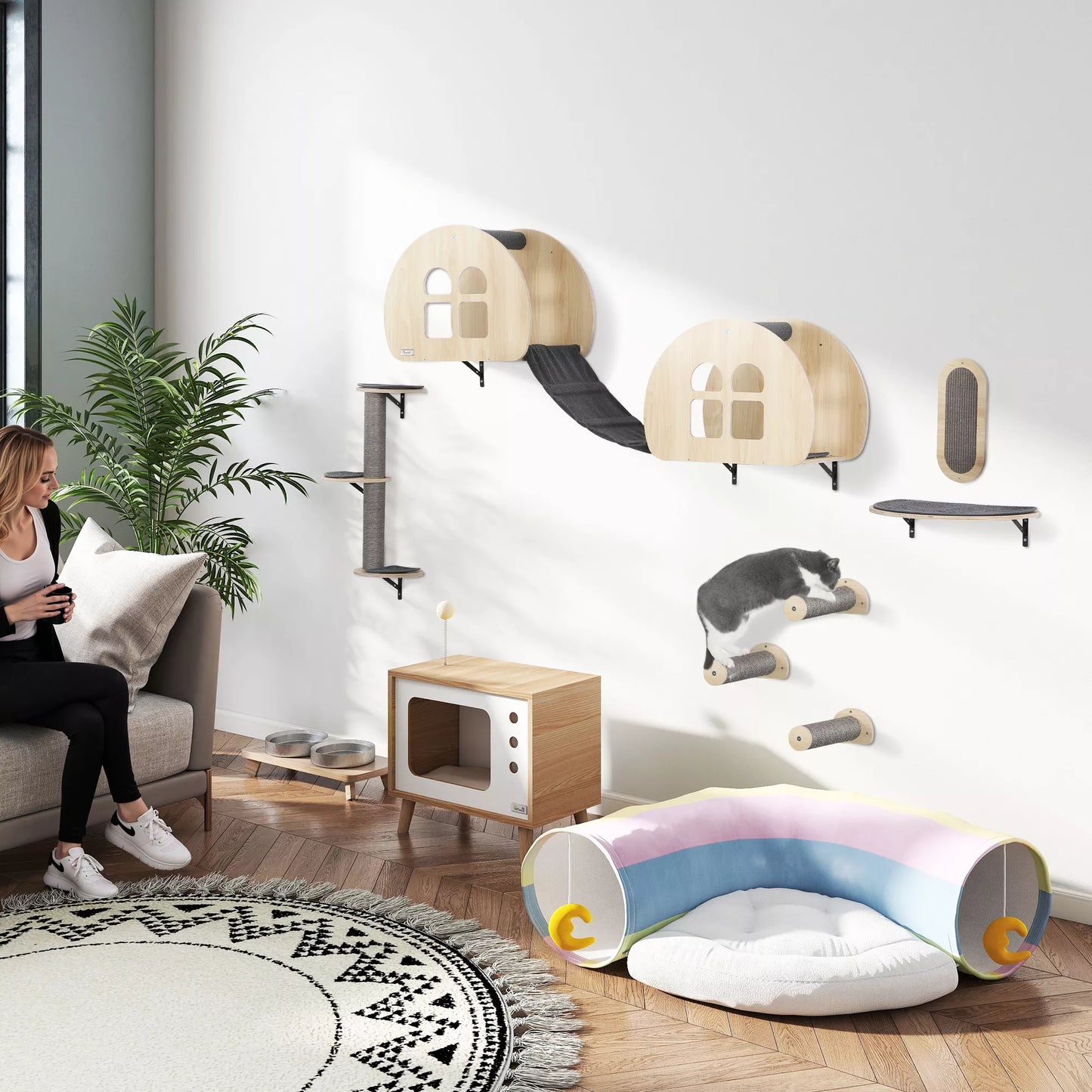 Katės laipiojimo sienelė, 7 dalių, katės laipiojimo sienelės komplektas su sizalio stulpu, kopėčiomis, platforma, draskykle, pilka