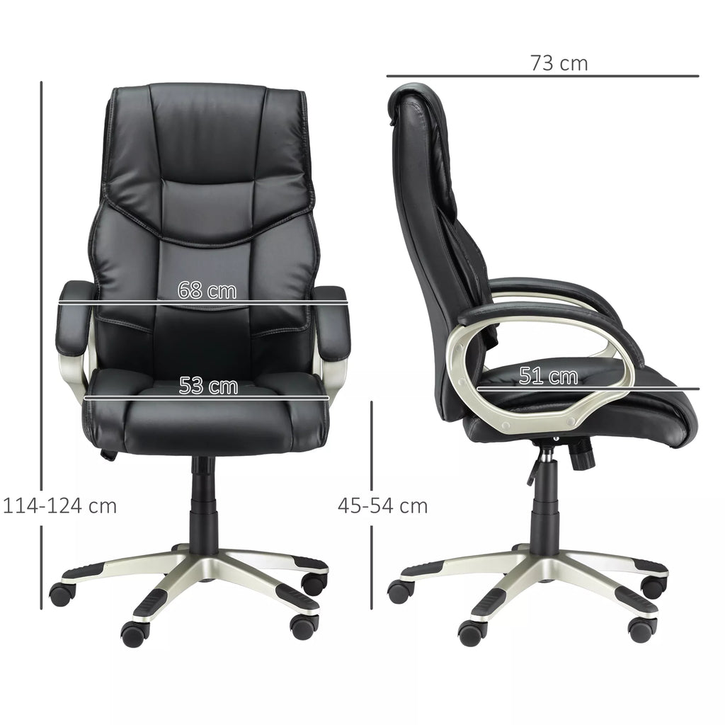 Biuro kėdė, vadovo kėdė su svyravimo funkcija, ergonomiška sukama kėdė, sportinio dizaino, su aukšta atlošo atrama, juoda, dirbtinė oda, metalas, 70 x 58 x 114–124 cm