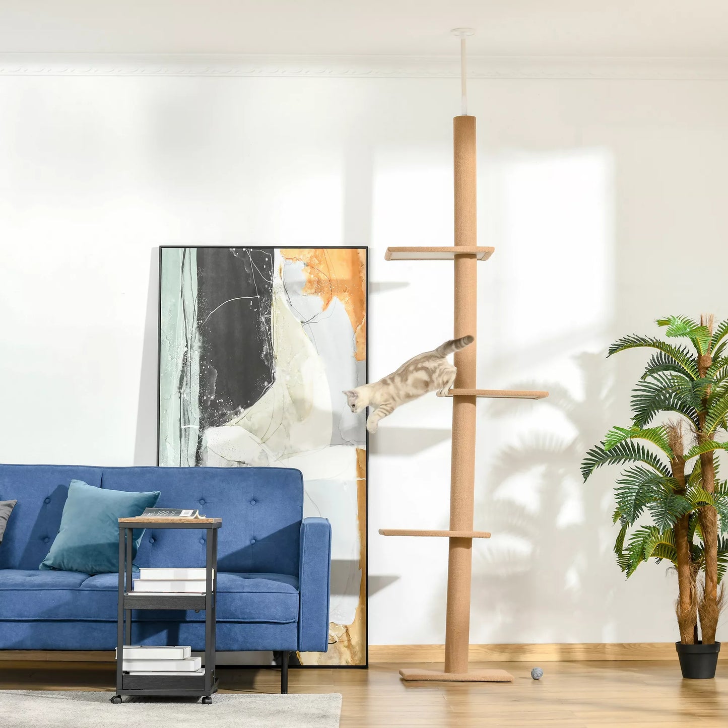 Lubinis kačių draskymo medis, 228-260 cm, aukščio reguliuojamas kačių laipynės medis su 3 lygiais, kačių draskyklė, žaidimų medis nuo grindų iki lubų, šviesiai rudas