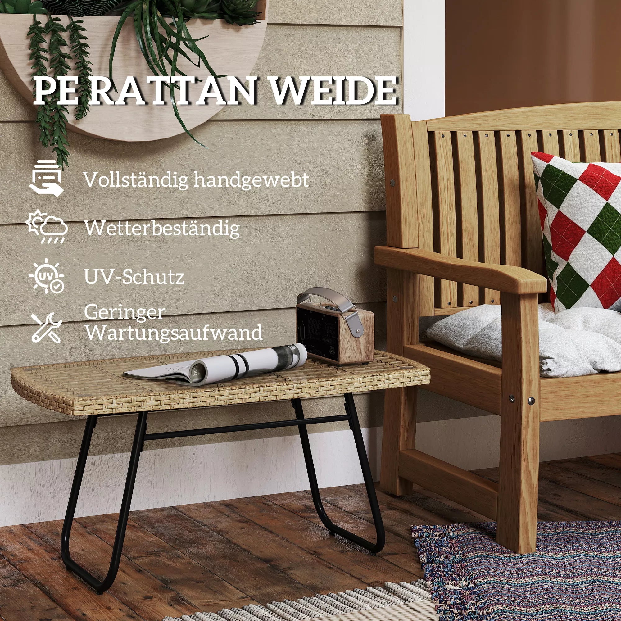 Polyrattan sodo stalas, 90 x 50 x 45 cm, atsparus UV spinduliams, pagalbinis stalas su stikliniu stalviršiu, natūralaus medžio