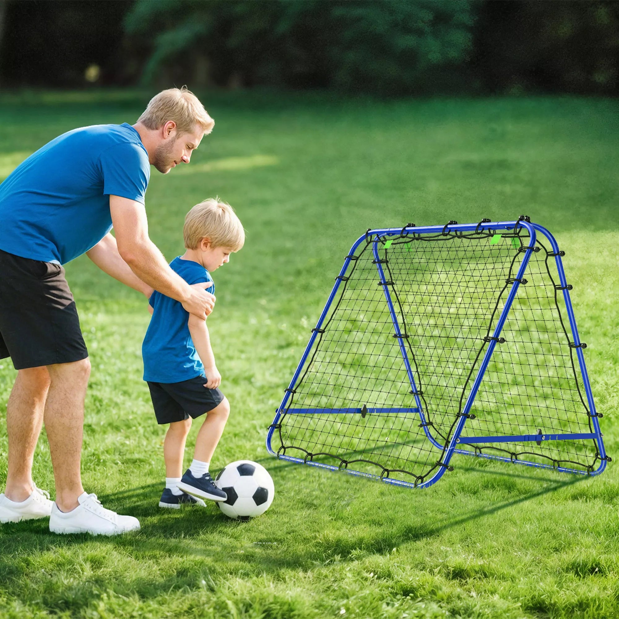 Dvigubas atmušėjas futbolui, reguliuojama atmušimo sienelė su 5 kampinėmis pozicijomis, tinklinis atmušėjas, 100 x 68-95cm atmušimo vartai jaunimui, atmušimo sienelė rankinio treniruotėms, mėlynas
