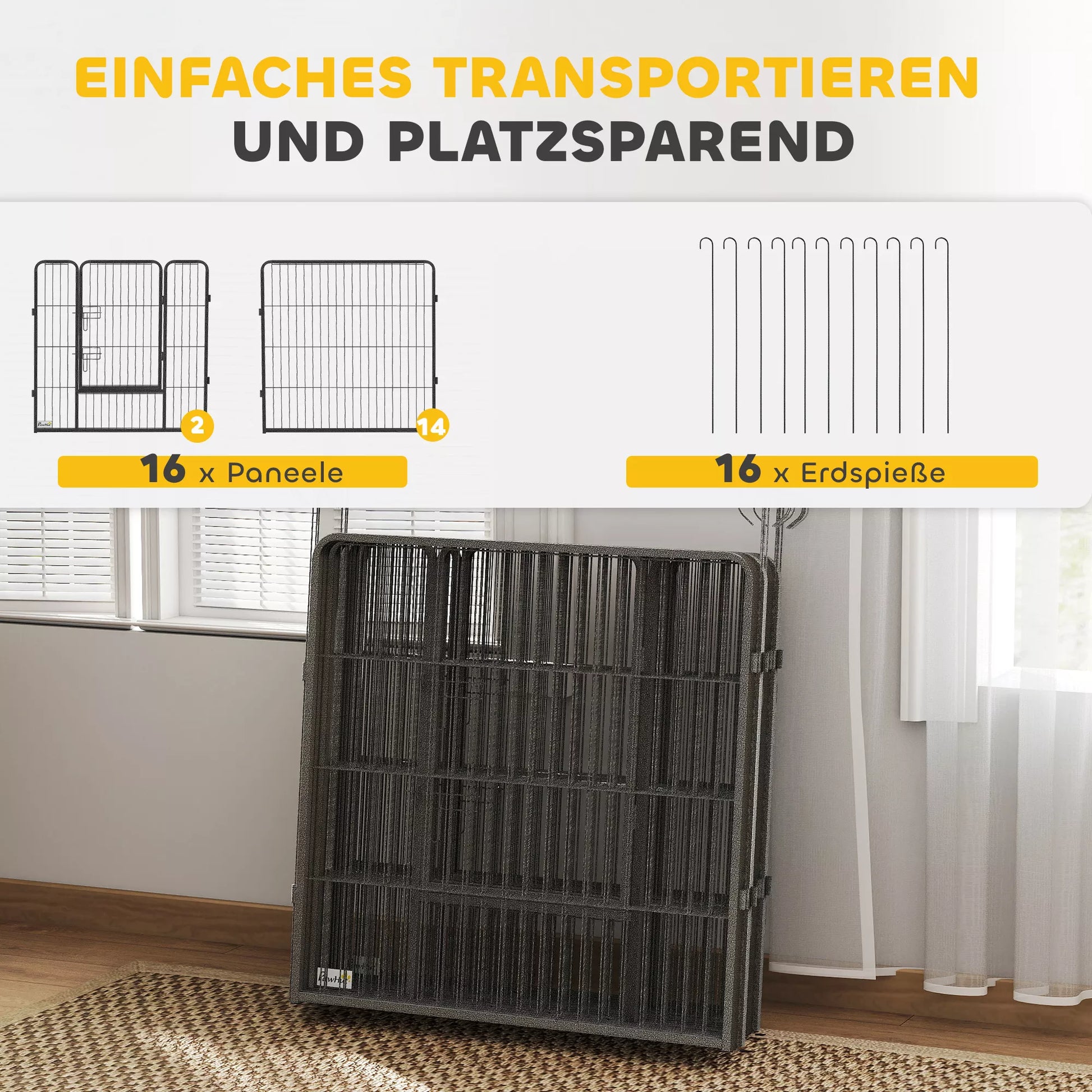 Šuniukų aptvaras, 16 dalių Sulankstomas šuniukų aptvaras su durimis mažoms ir vidutinio dydžio šunims, 3,2 x 3,2 x 0,8 m, pilkos spalvos